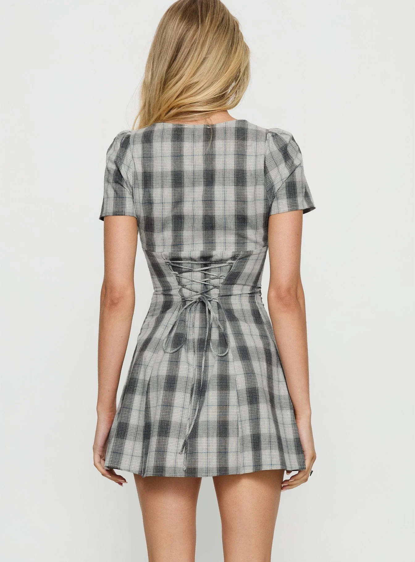 Twist Of Fate V Neck Mini Dress Navy Plaid - Image 4