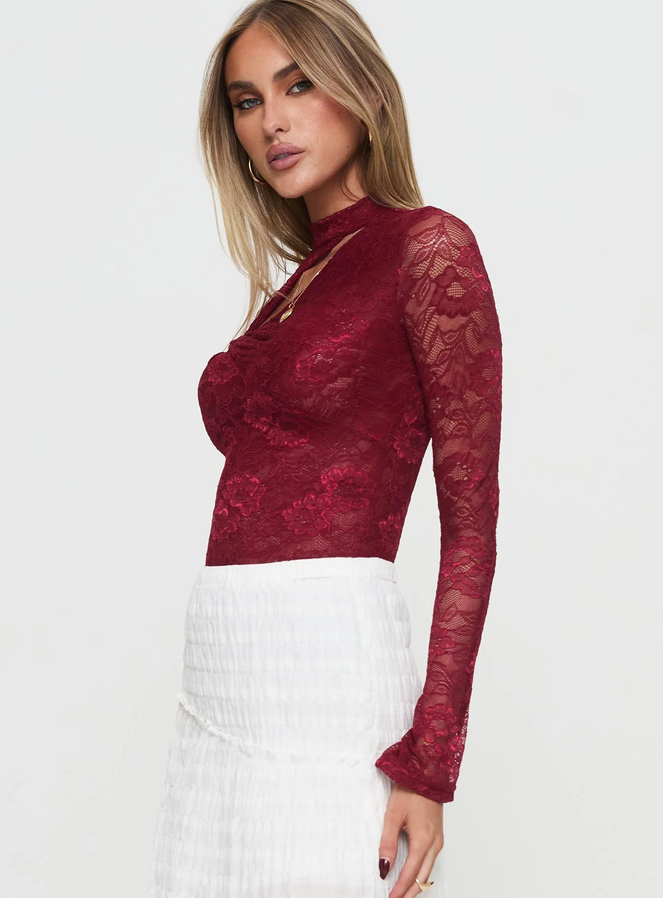 Twisted Humour Long Sleeve Lace Bodysuit Burgundy - Image 4