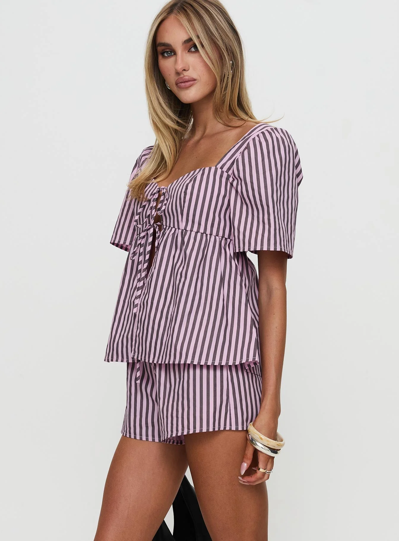 Two Young Hearts Tie Up Set Pink / Brown Stripe - Image 4