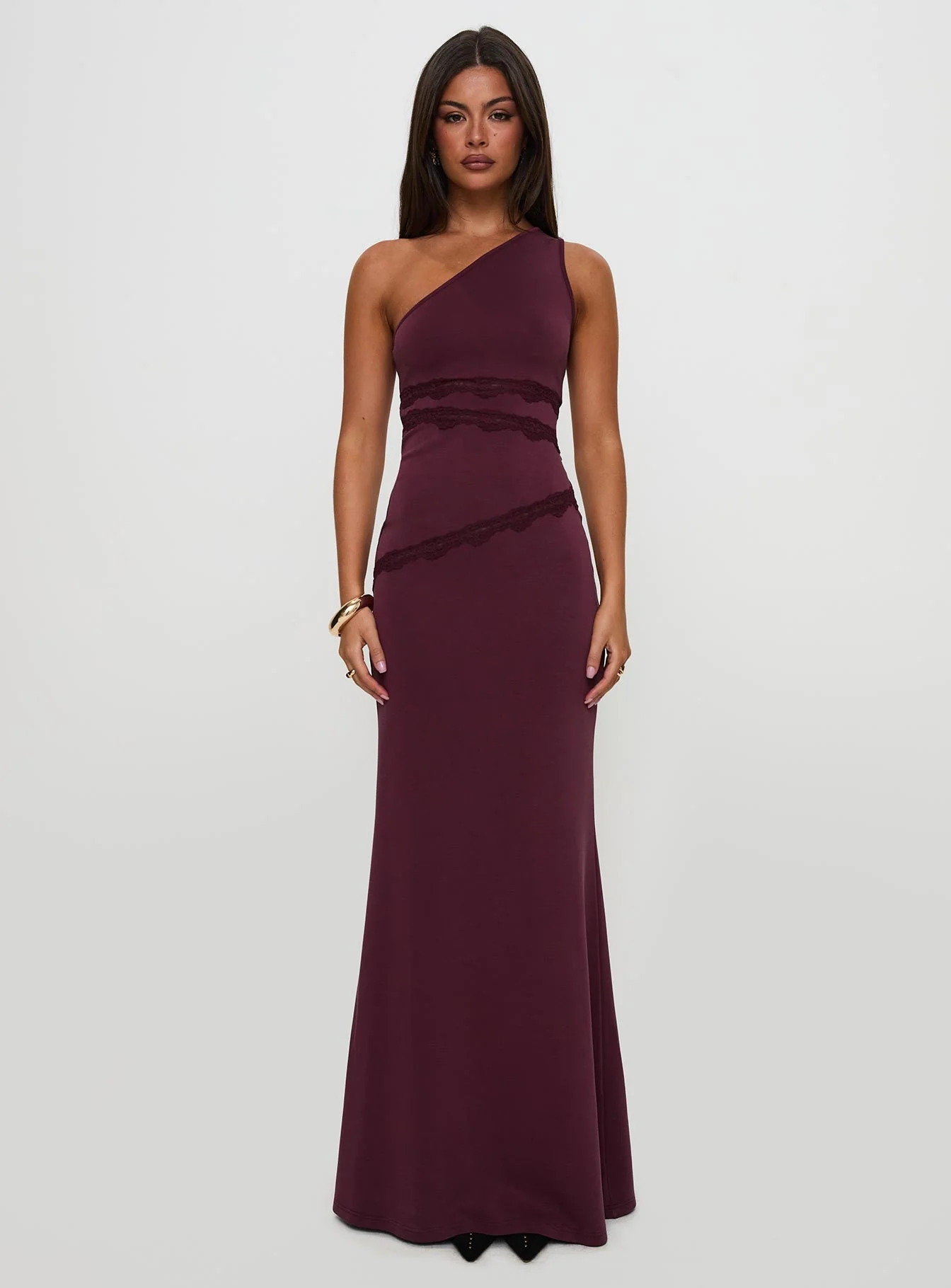 Ultraviolet One Shoulder Lace Maxi Dress Wine - Image 10