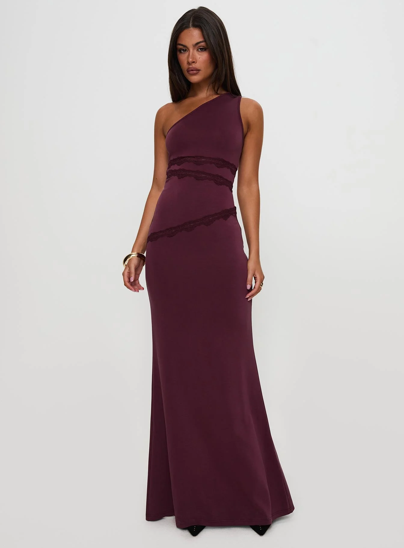 Ultraviolet One Shoulder Lace Maxi Dress Wine - Image 5