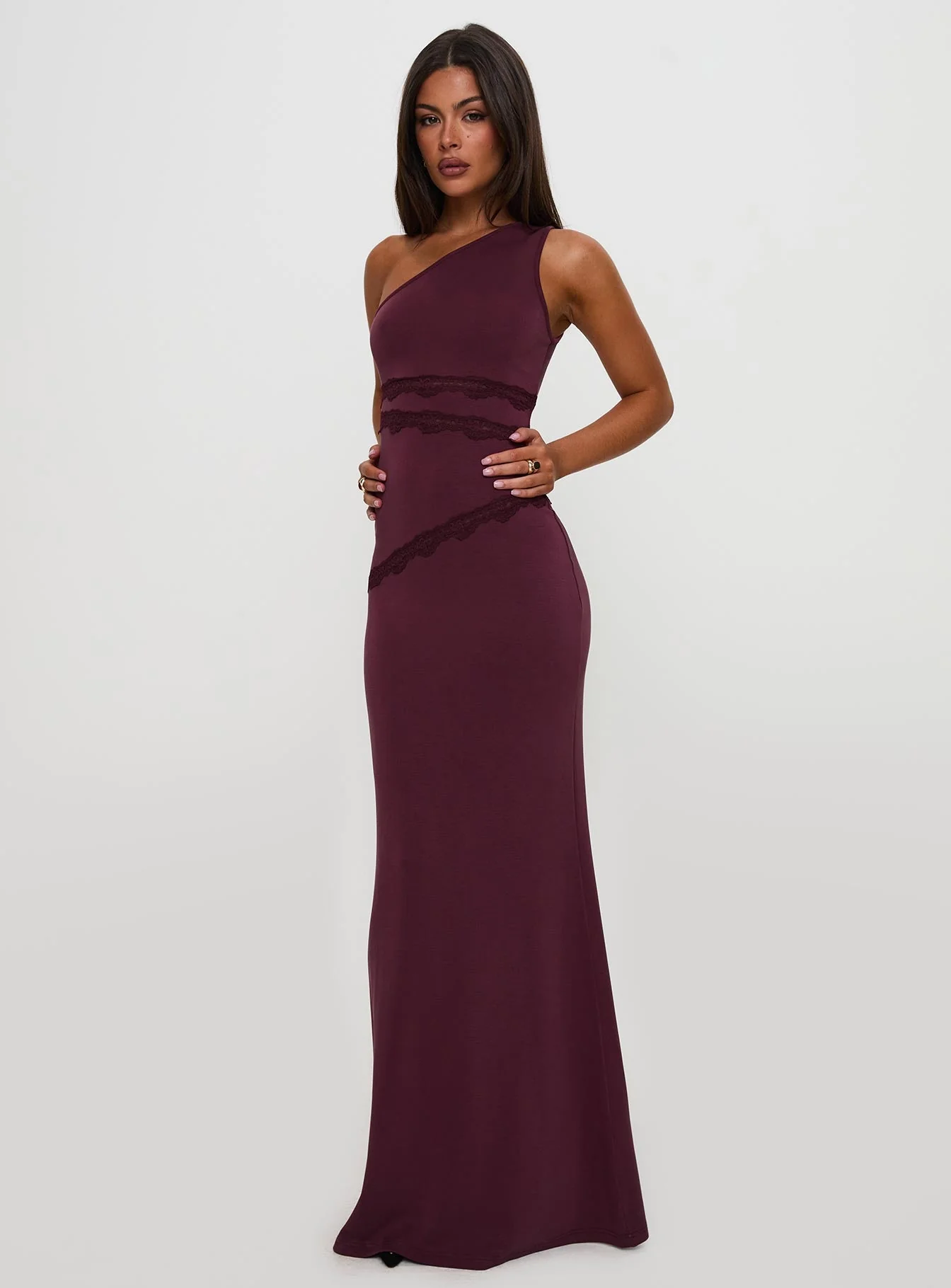 Ultraviolet One Shoulder Lace Maxi Dress Wine - Image 6