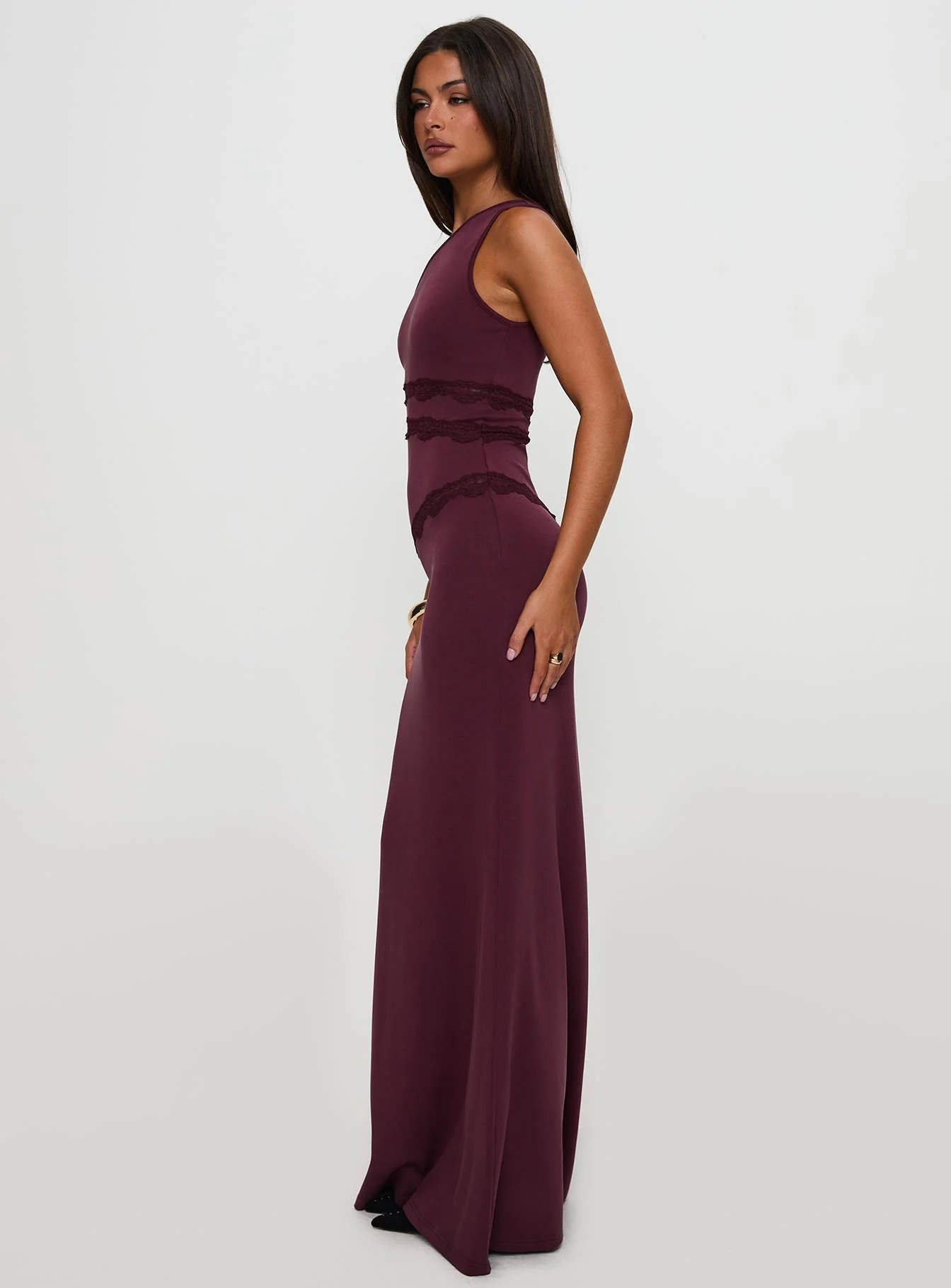 Ultraviolet One Shoulder Lace Maxi Dress Wine - Image 7