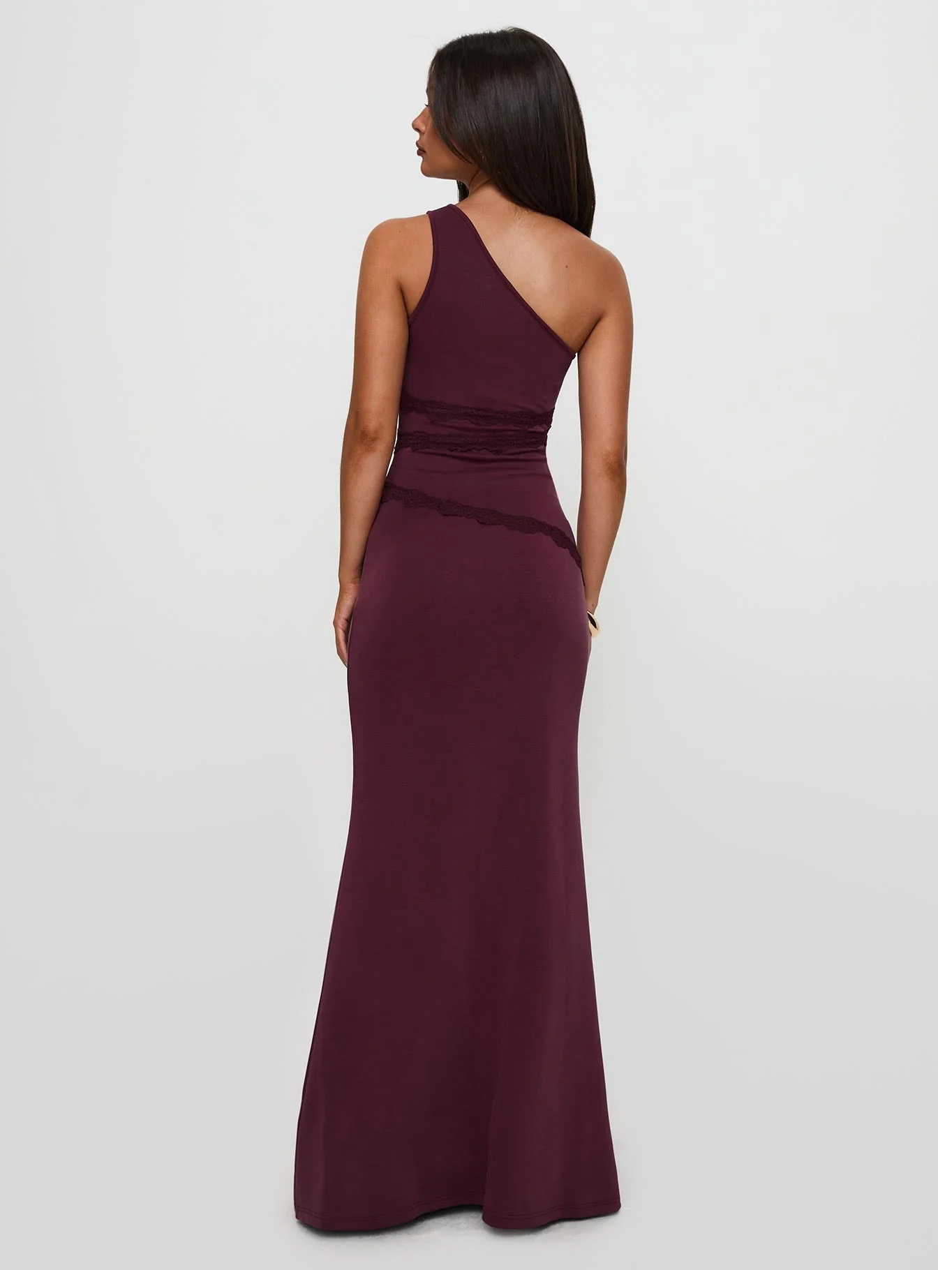 Ultraviolet One Shoulder Lace Maxi Dress Wine - Image 8