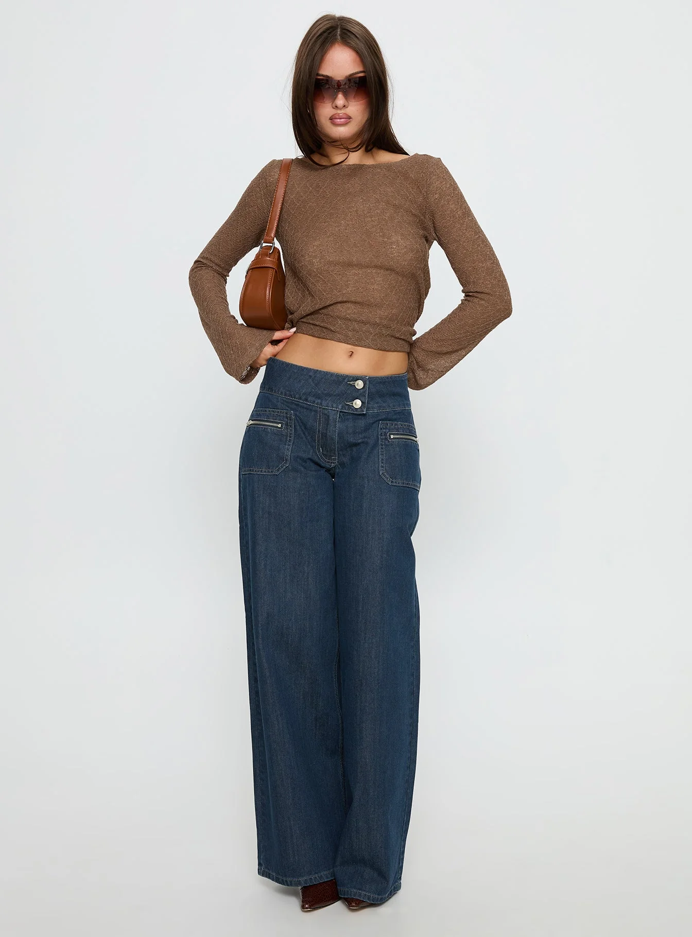 Unwritten Mid Rise Wide Leg Jeans Dark Blue Wash - Image 3