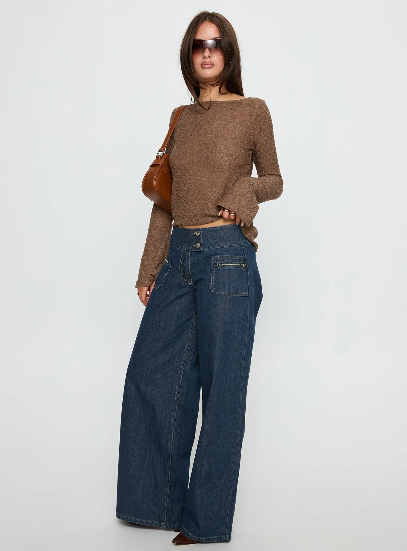 Unwritten Mid Rise Wide Leg Jeans Dark Blue Wash - Image 4