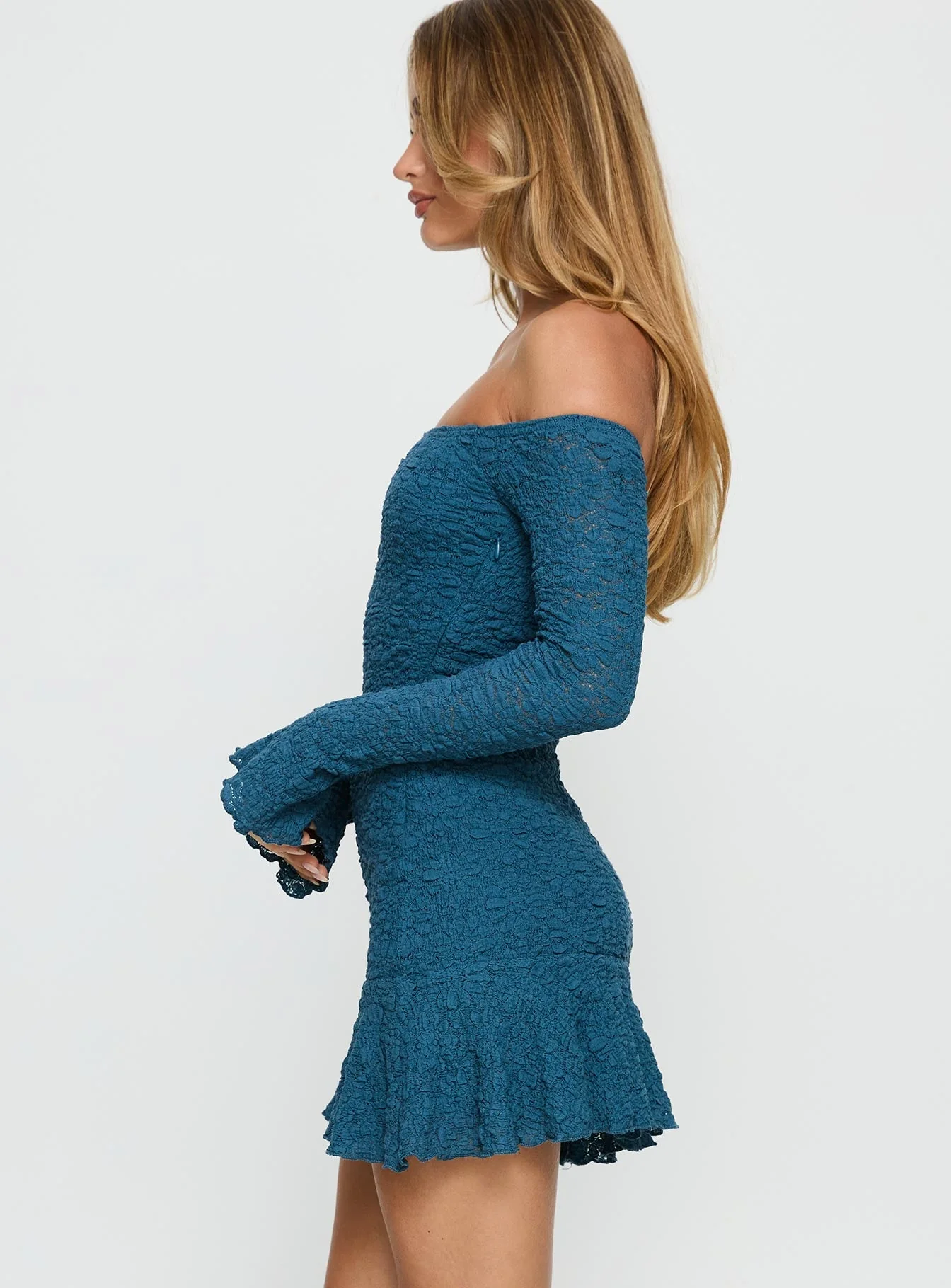Vancesca Off Shoulder Long Sleeve Mini Dress Navy - Image 3