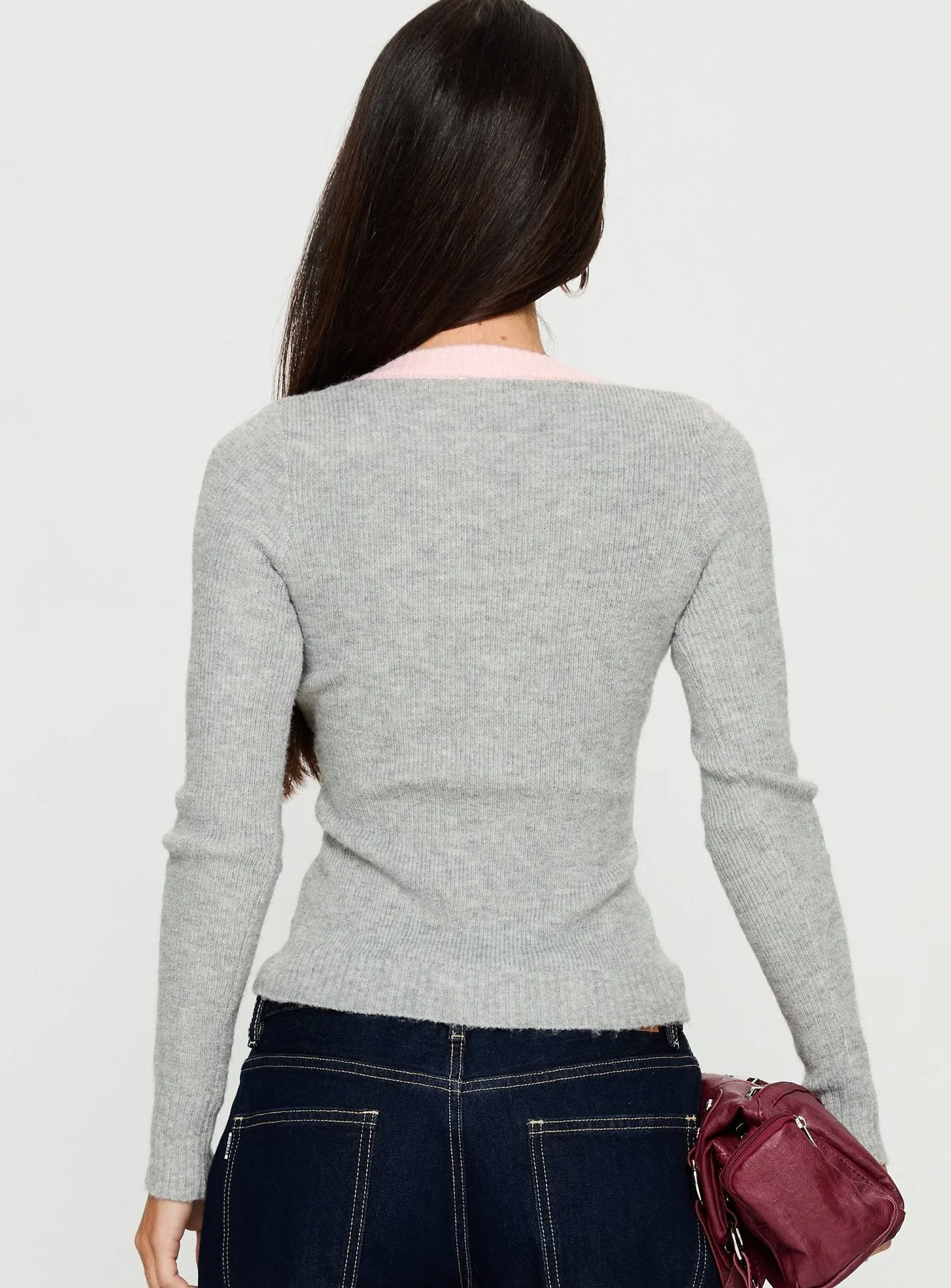 Vanita V Neck Long Sleeve Top Grey / Pink - Image 4