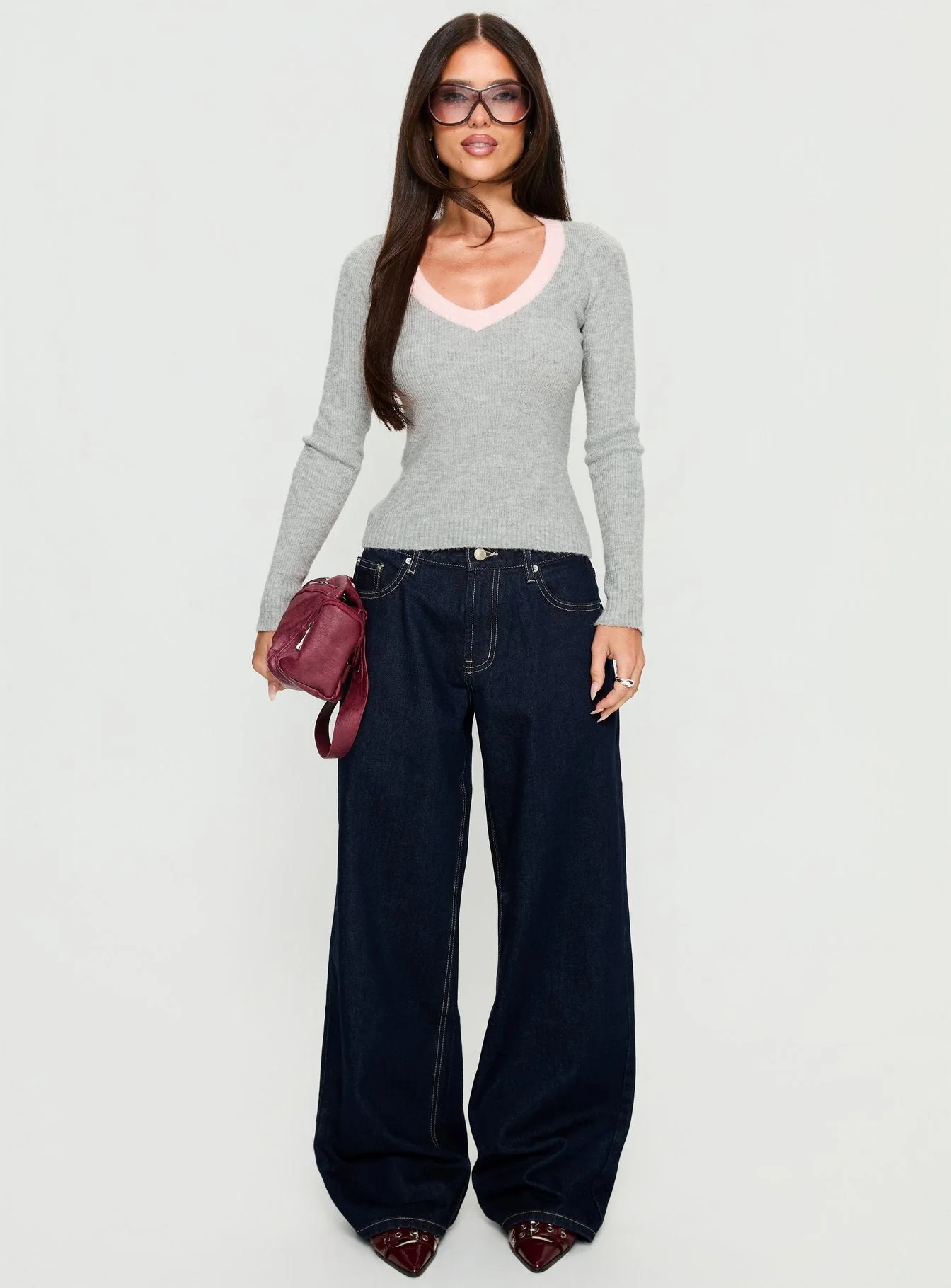 Vanita V Neck Long Sleeve Top Grey / Pink - Image 6