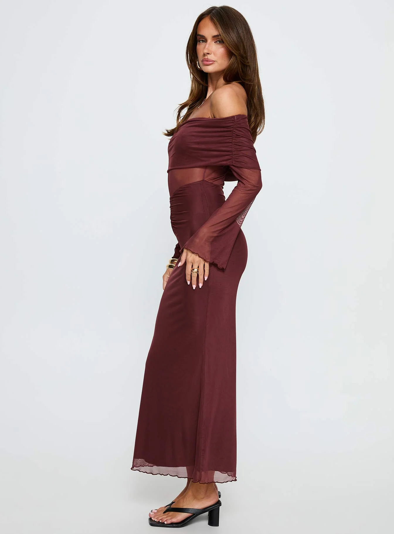 Velouria Off Shoulder Long Sleeve Maxi Dress Brown - Image 4