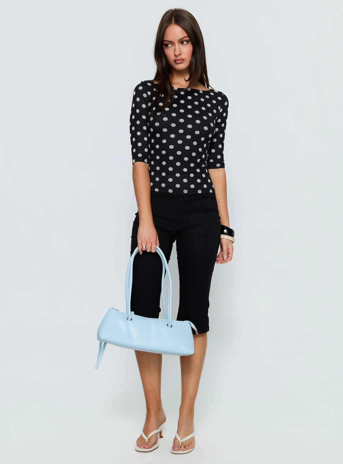 Venna 3/4 Sleeve Boat Neck Top Black / White Polka - Image 3