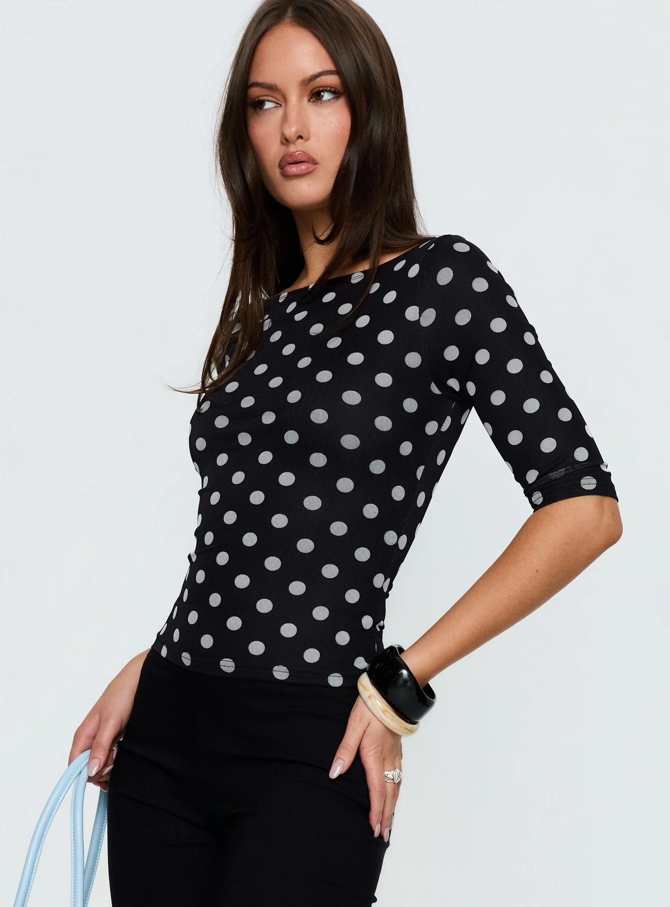 Venna 3/4 Sleeve Boat Neck Top Black / White Polka - Image 4