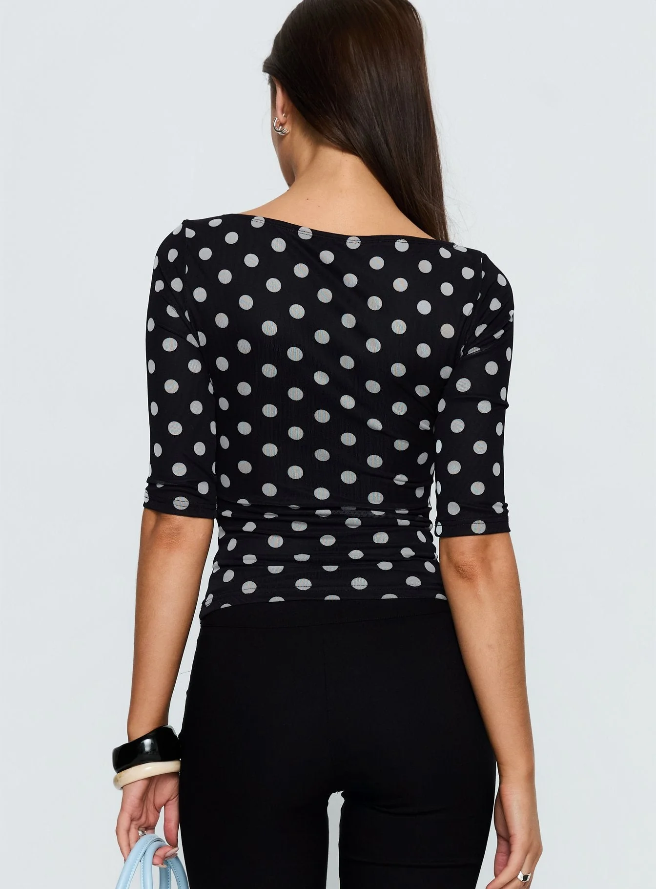 Venna 3/4 Sleeve Boat Neck Top Black / White Polka - Image 5