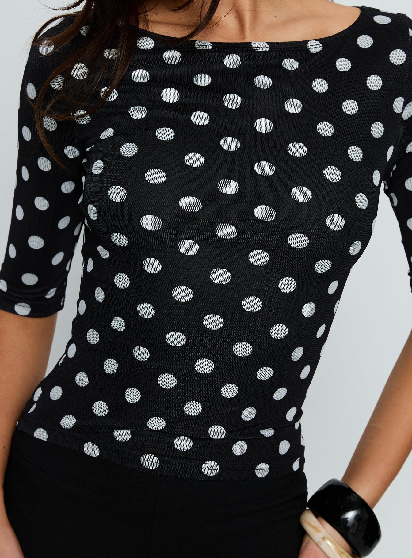 Venna 3/4 Sleeve Boat Neck Top Black / White Polka - Image 6
