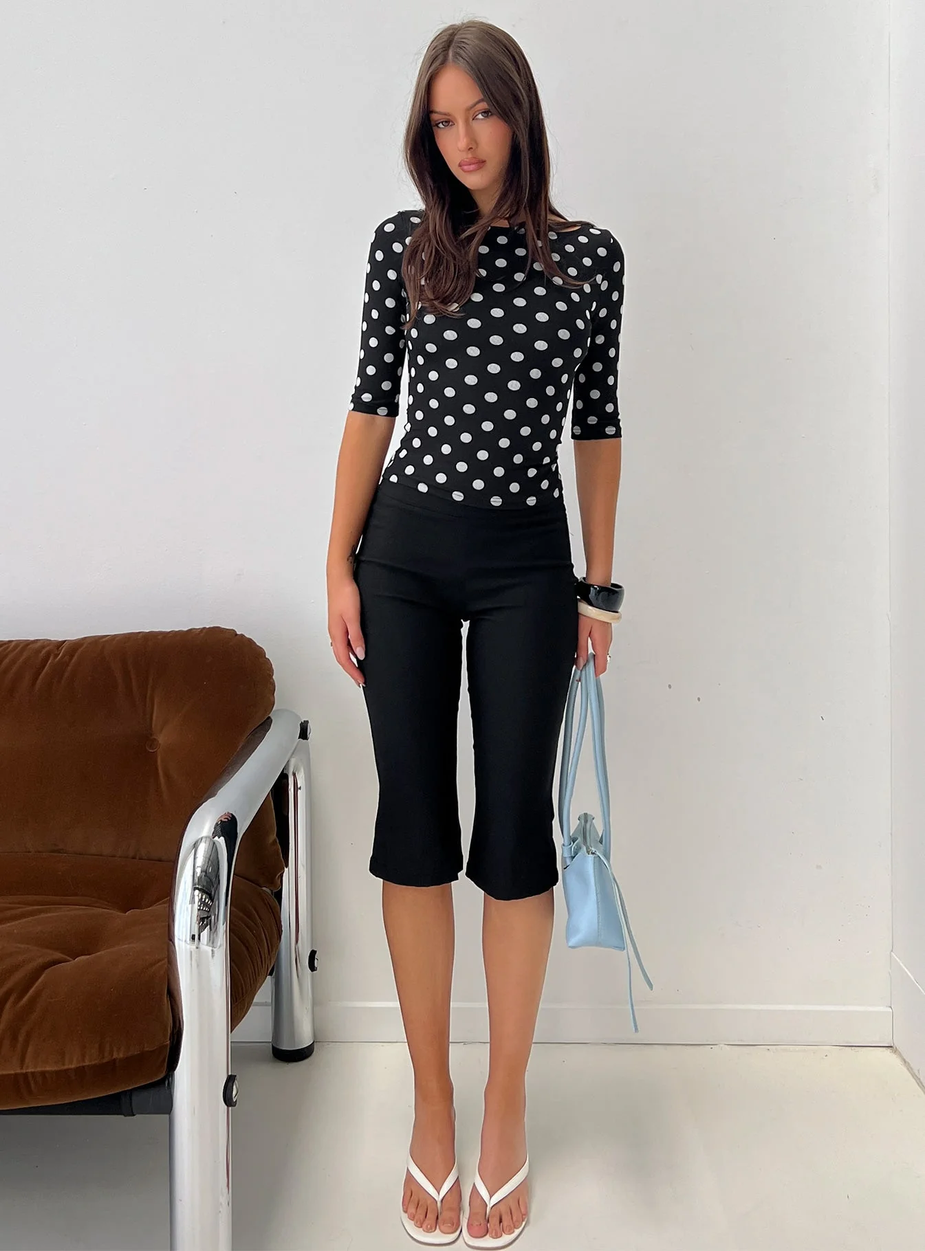 Venna 3/4 Sleeve Boat Neck Top Black / White Polka - Image 8