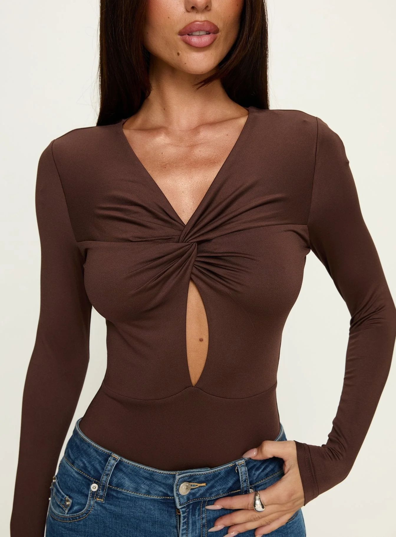 Vennie Twist Front Long Sleeve Bodysuit Brown - Image 5
