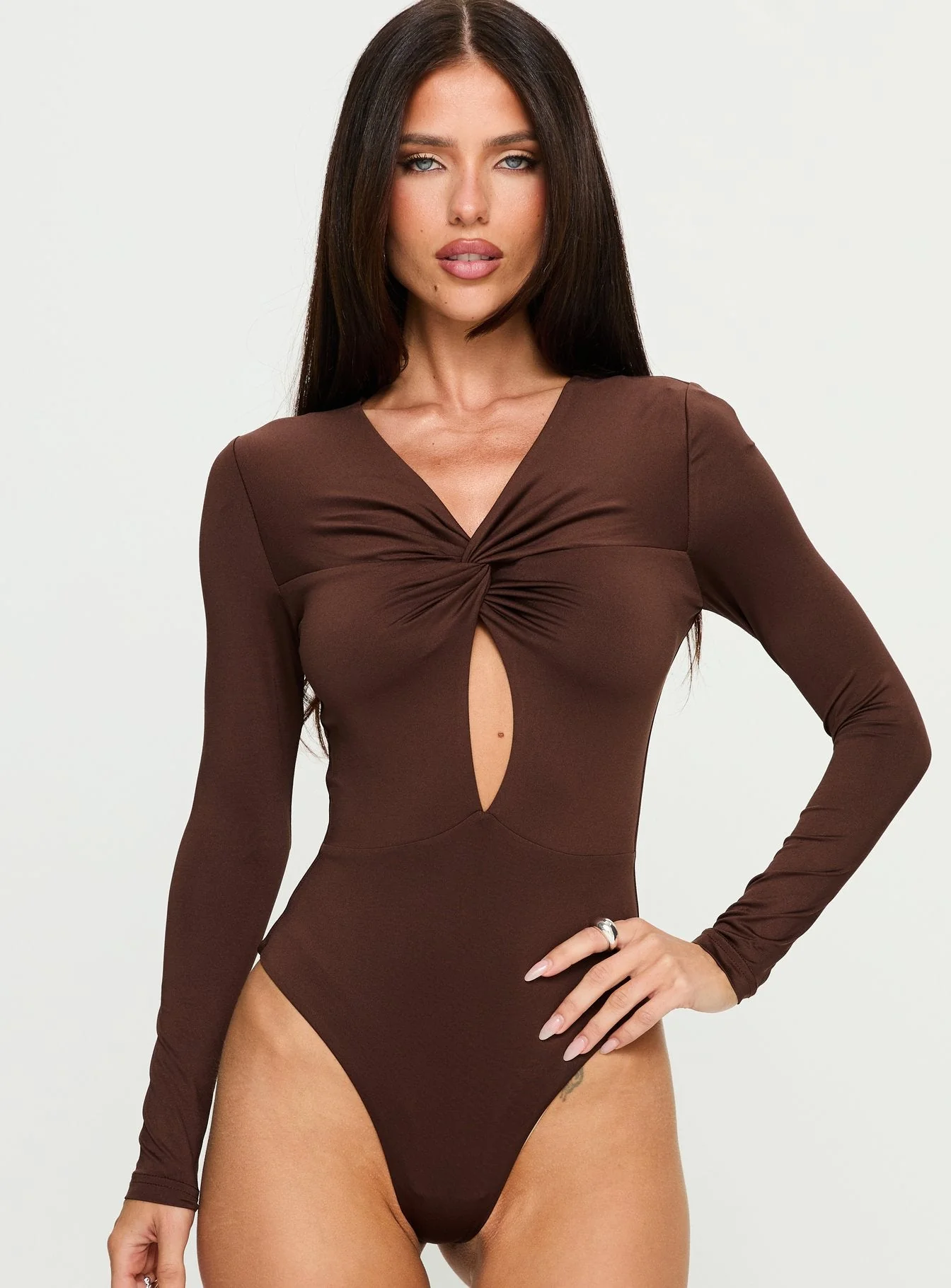 Vennie Twist Front Long Sleeve Bodysuit Brown - Image 6