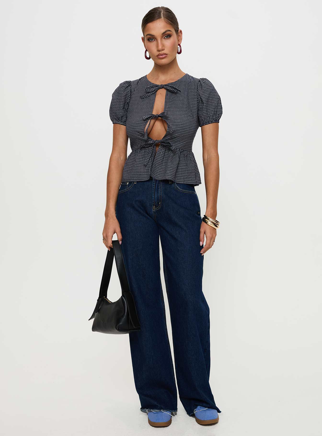 Verah Tie Up Puff Sleeve Top Navy Check - Image 3
