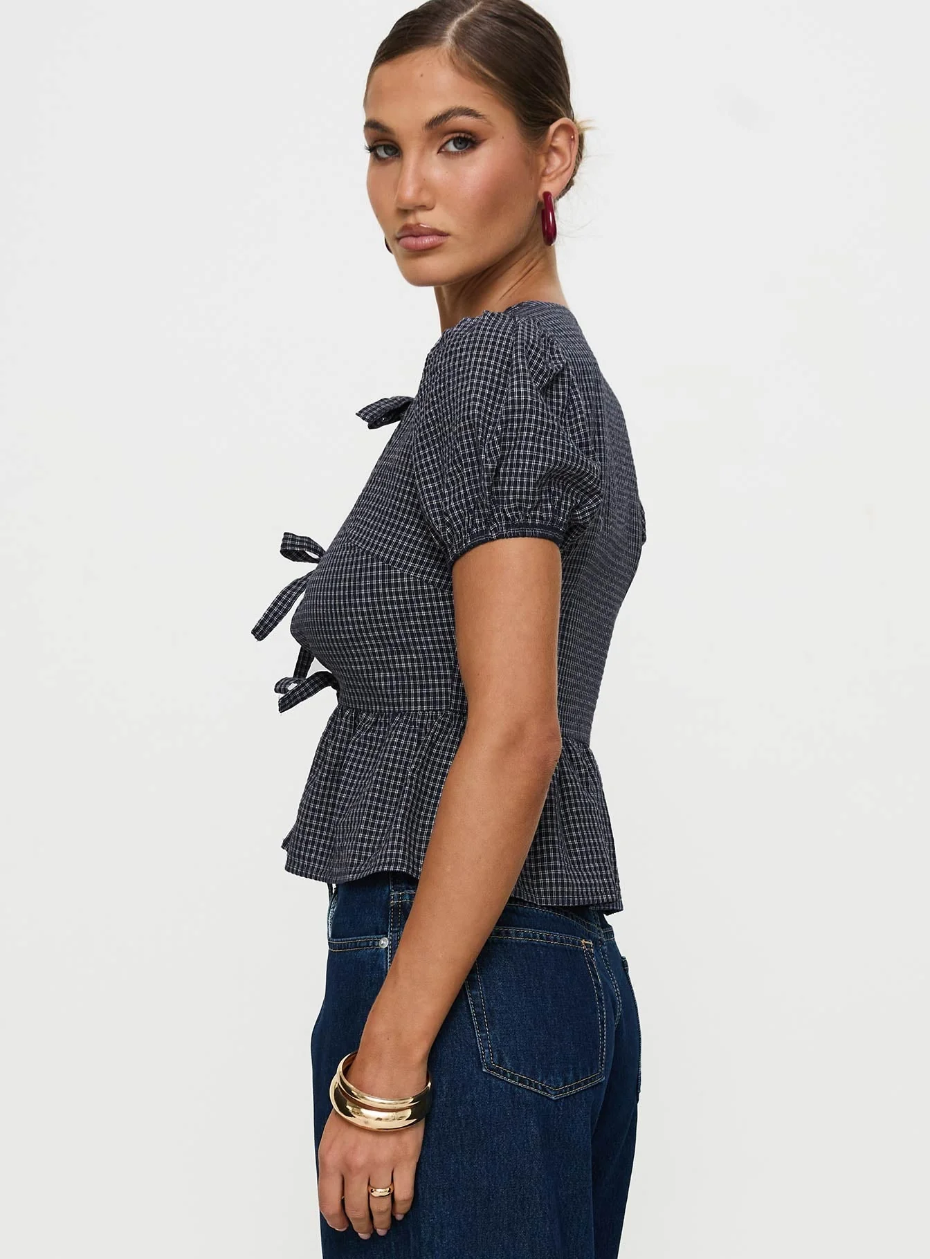 Verah Tie Up Puff Sleeve Top Navy Check - Image 4