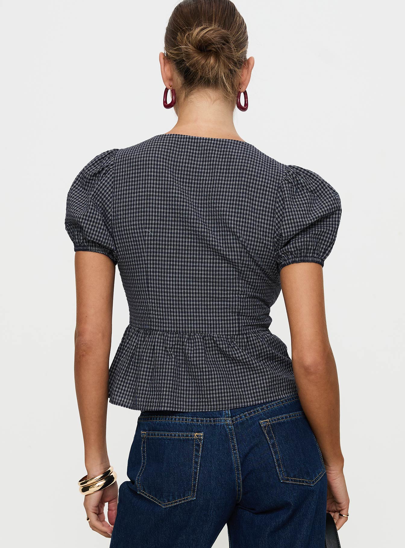Verah Tie Up Puff Sleeve Top Navy Check - Image 5