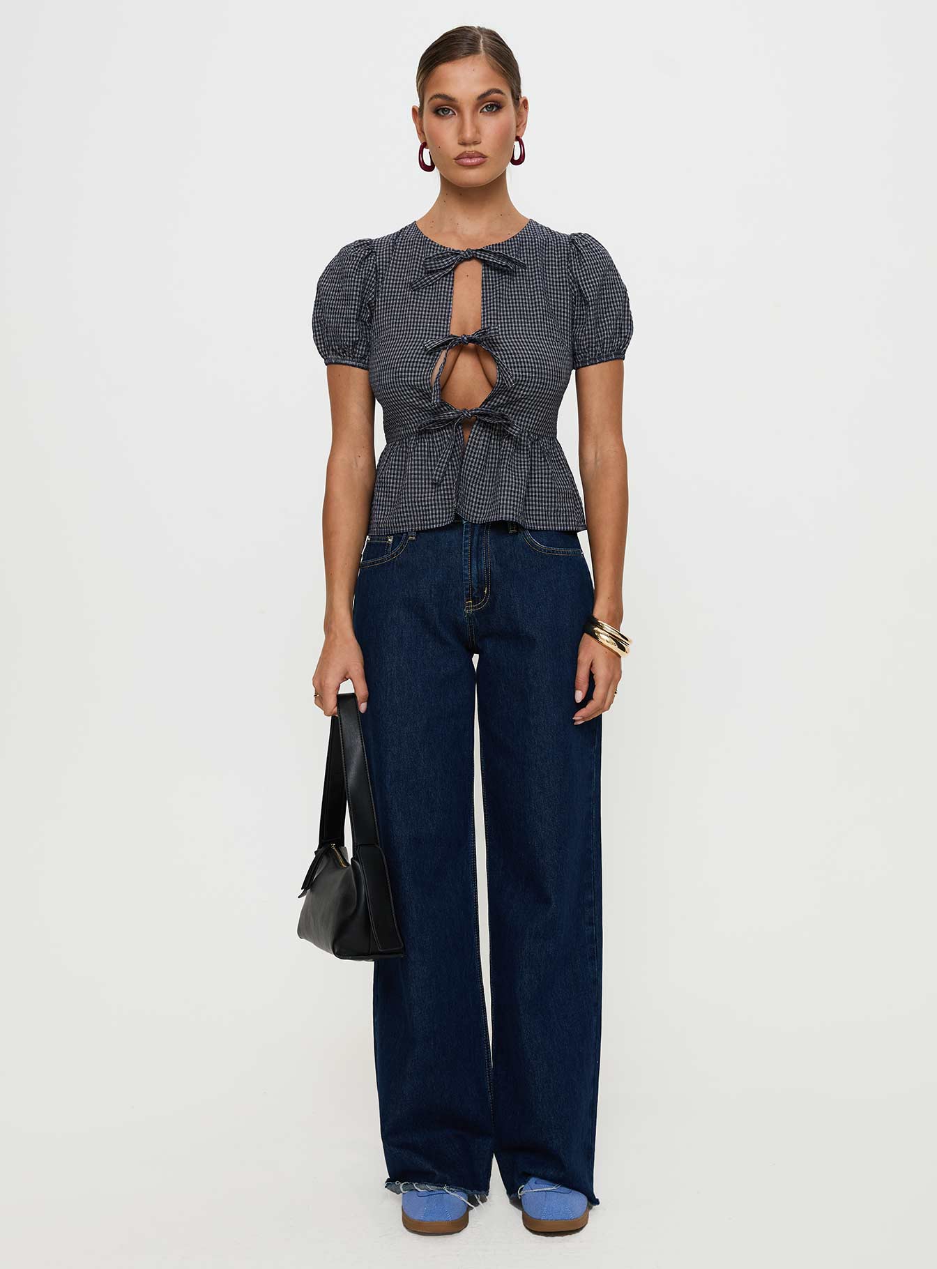 Verah Tie Up Puff Sleeve Top Navy Check - Image 7
