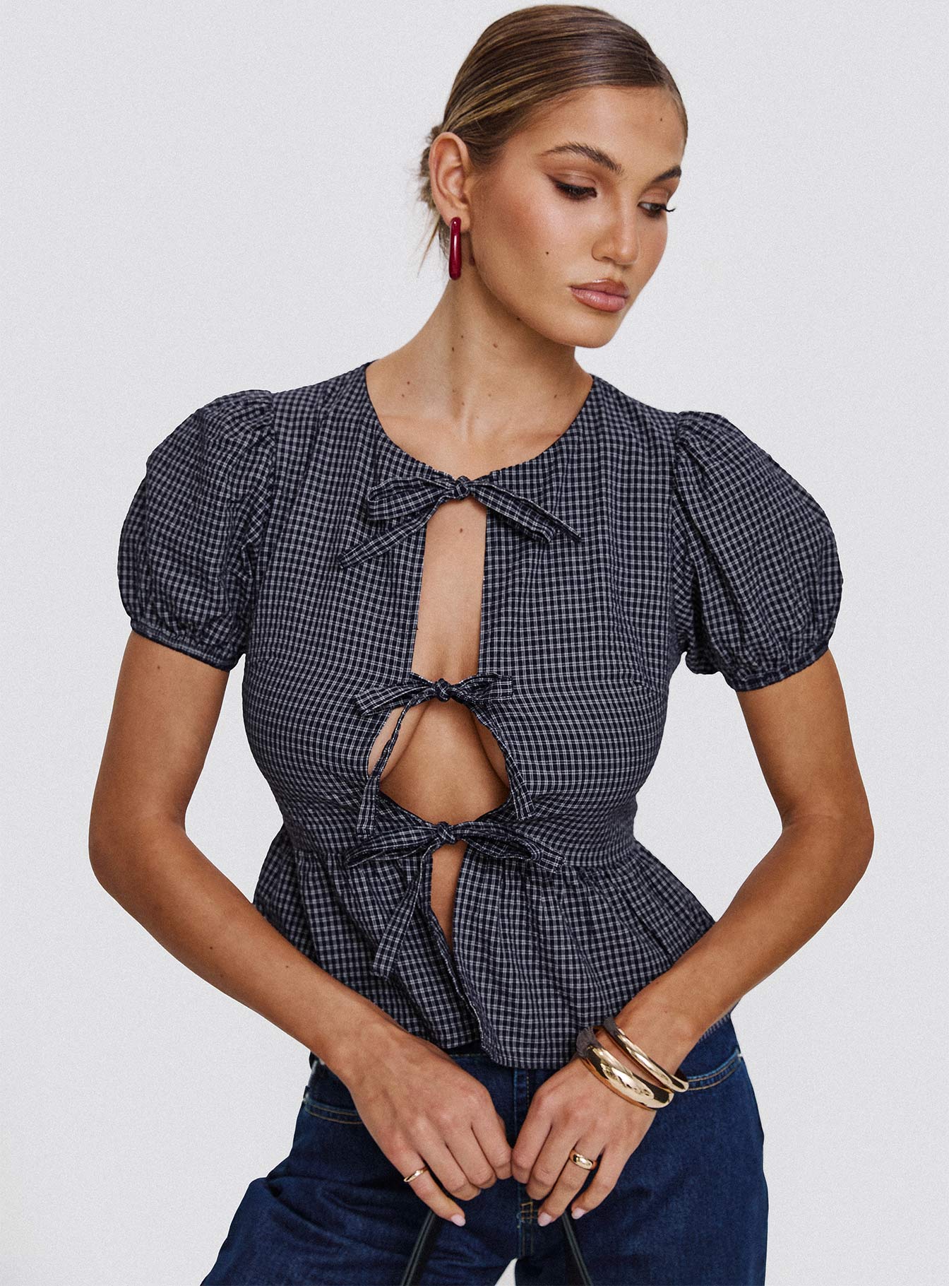 Verah Tie Up Puff Sleeve Top Navy Check - Image 8