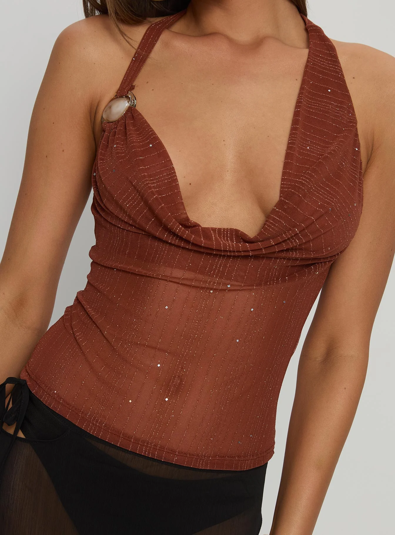Victorina Hardware Detail Cowl Neck Top Brown - Image 6
