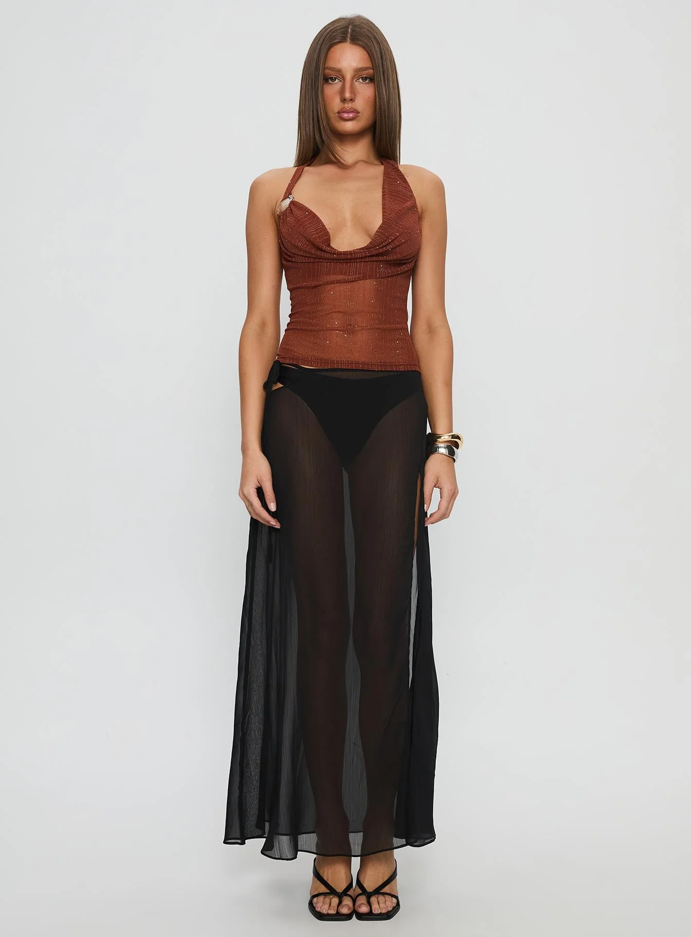Victorina Hardware Detail Cowl Neck Top Brown - Image 7