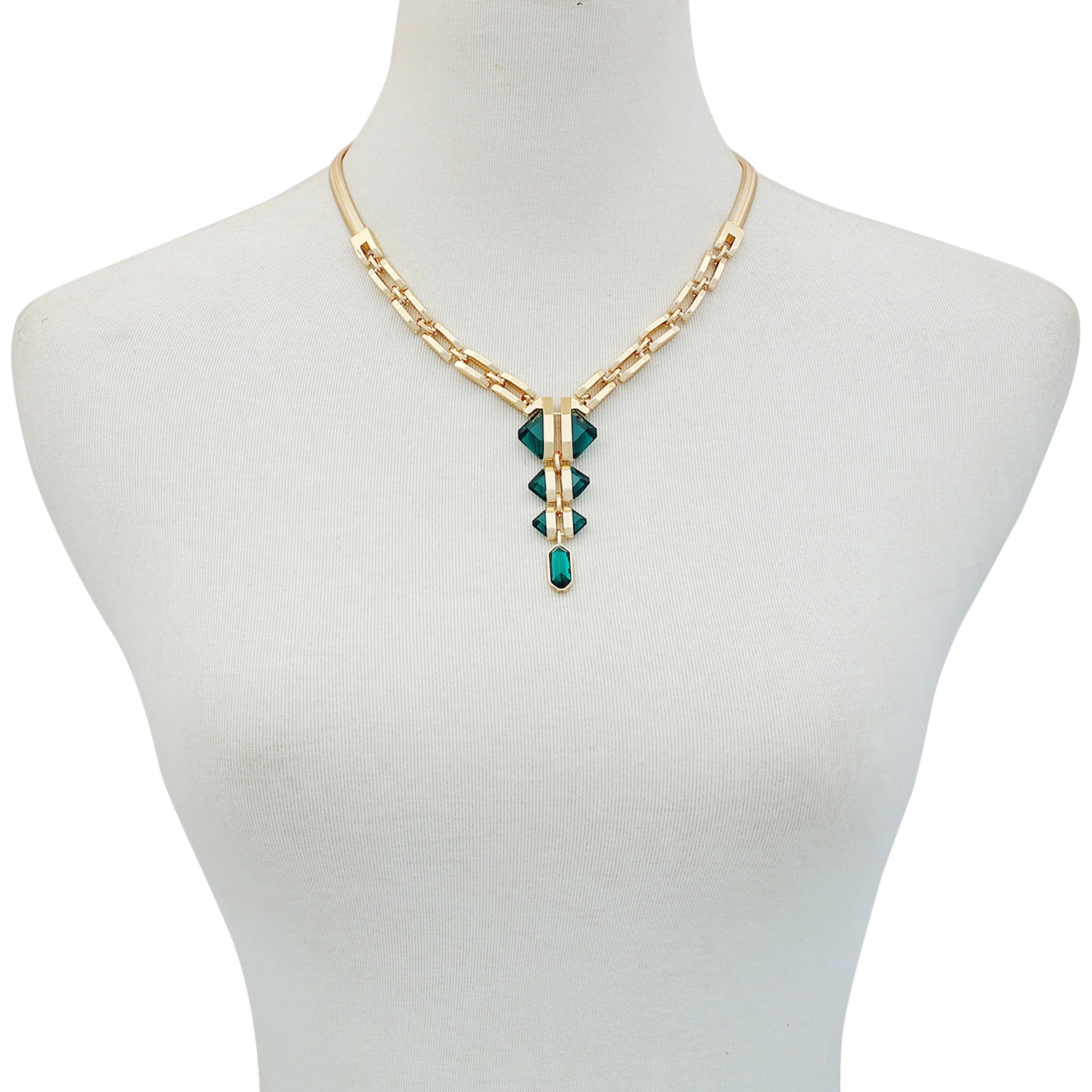 Goldtone Tri Blue Zircon Stone Drop Pendant Necklace - Image 3