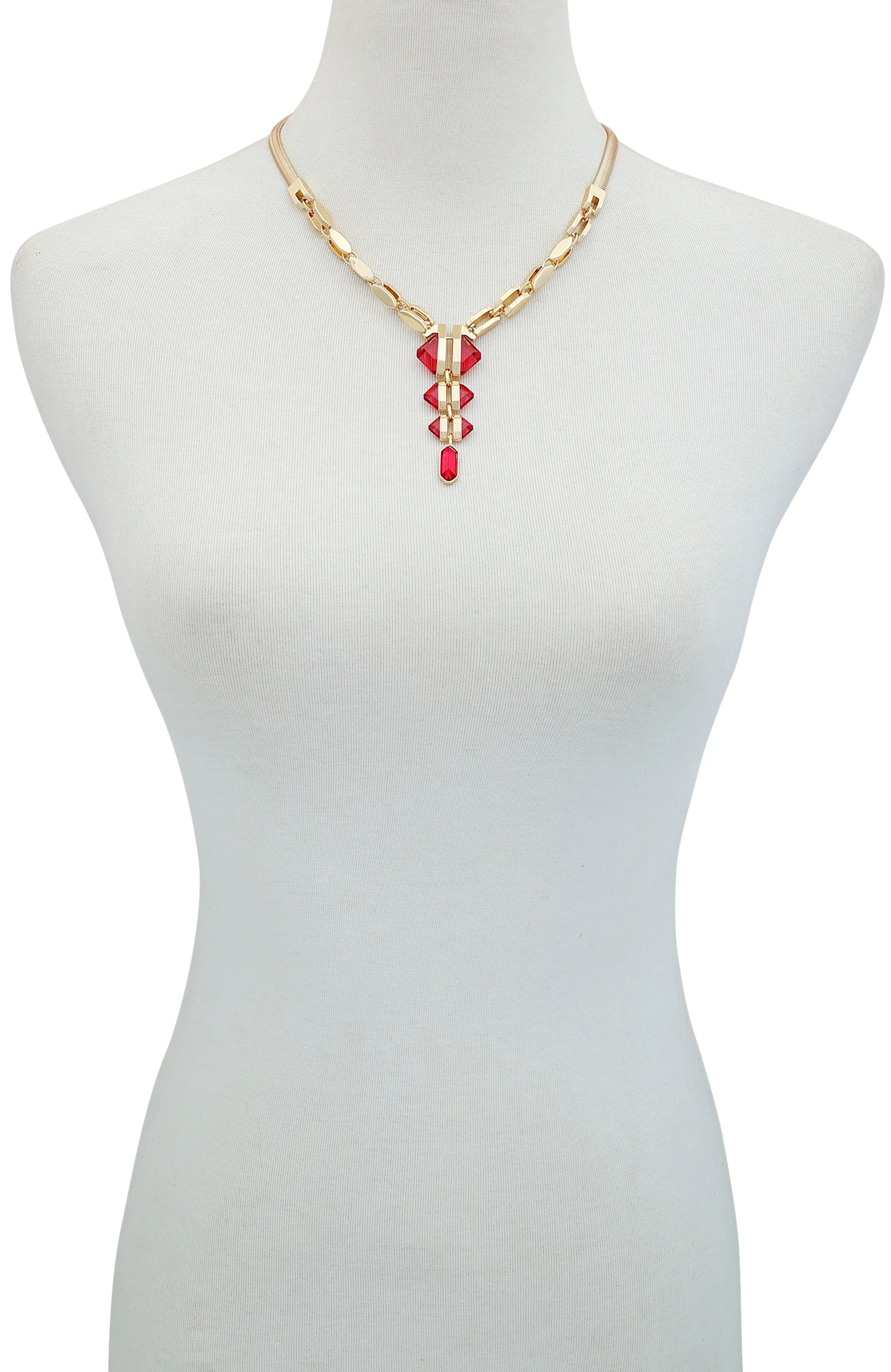 Goldtone Tri Rose Stone Drop Pendant Necklace - Image 2