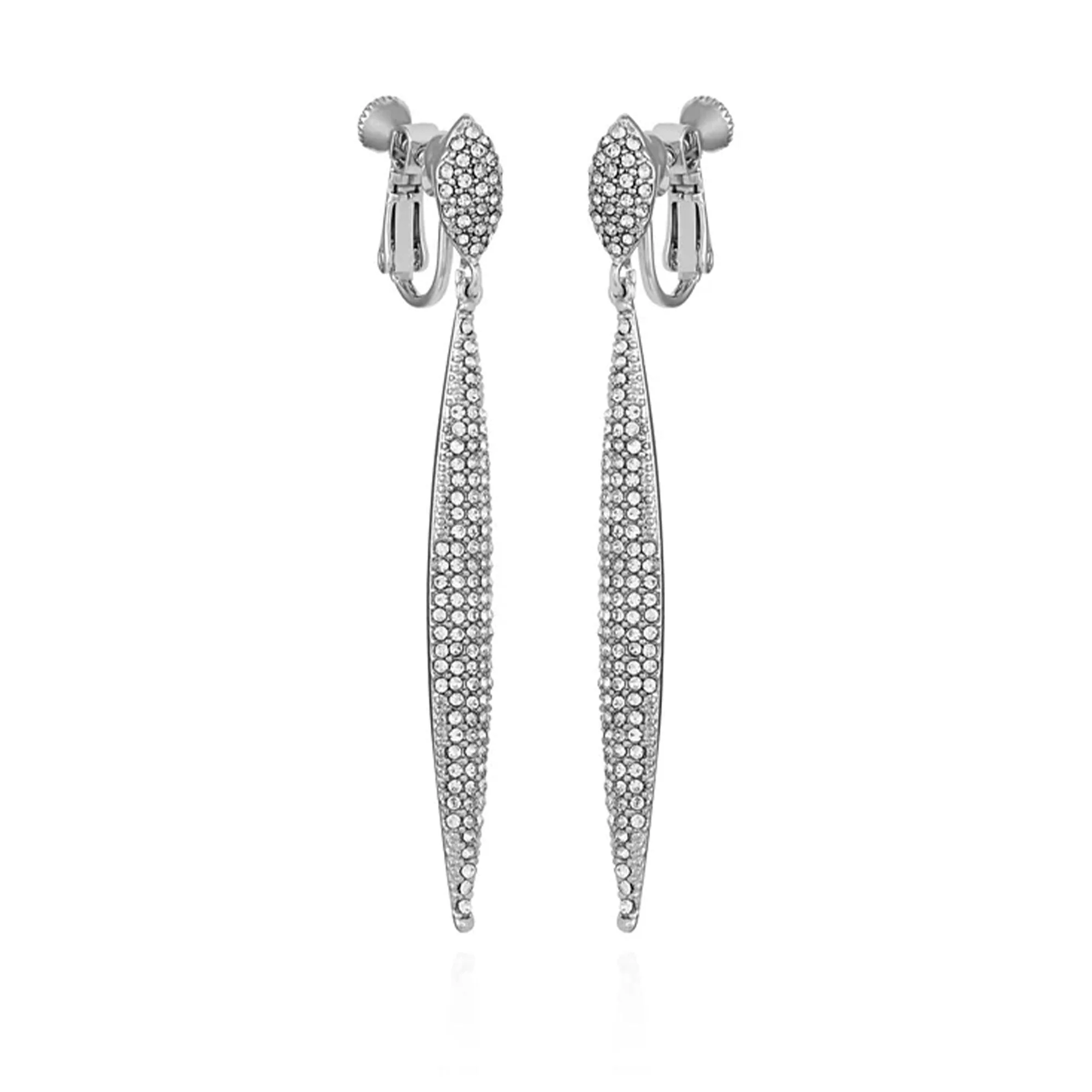 Silvertone Glass Stone Pave Drop Clip On Earrings