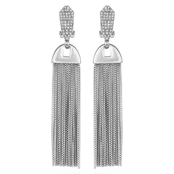 Silvertone Pave Tassel Drop Clip On Earrings