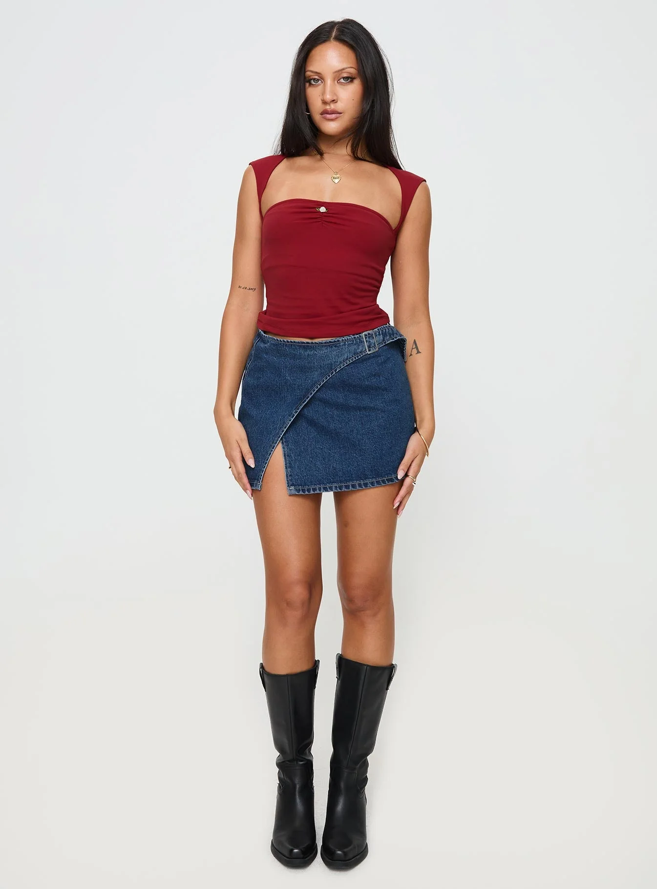 Wait Up Denim Wrap Mini Skirt Mid Wash - Image 3