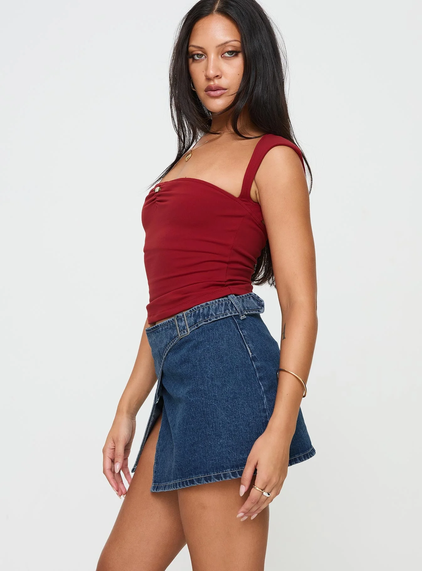 Wait Up Denim Wrap Mini Skirt Mid Wash - Image 4