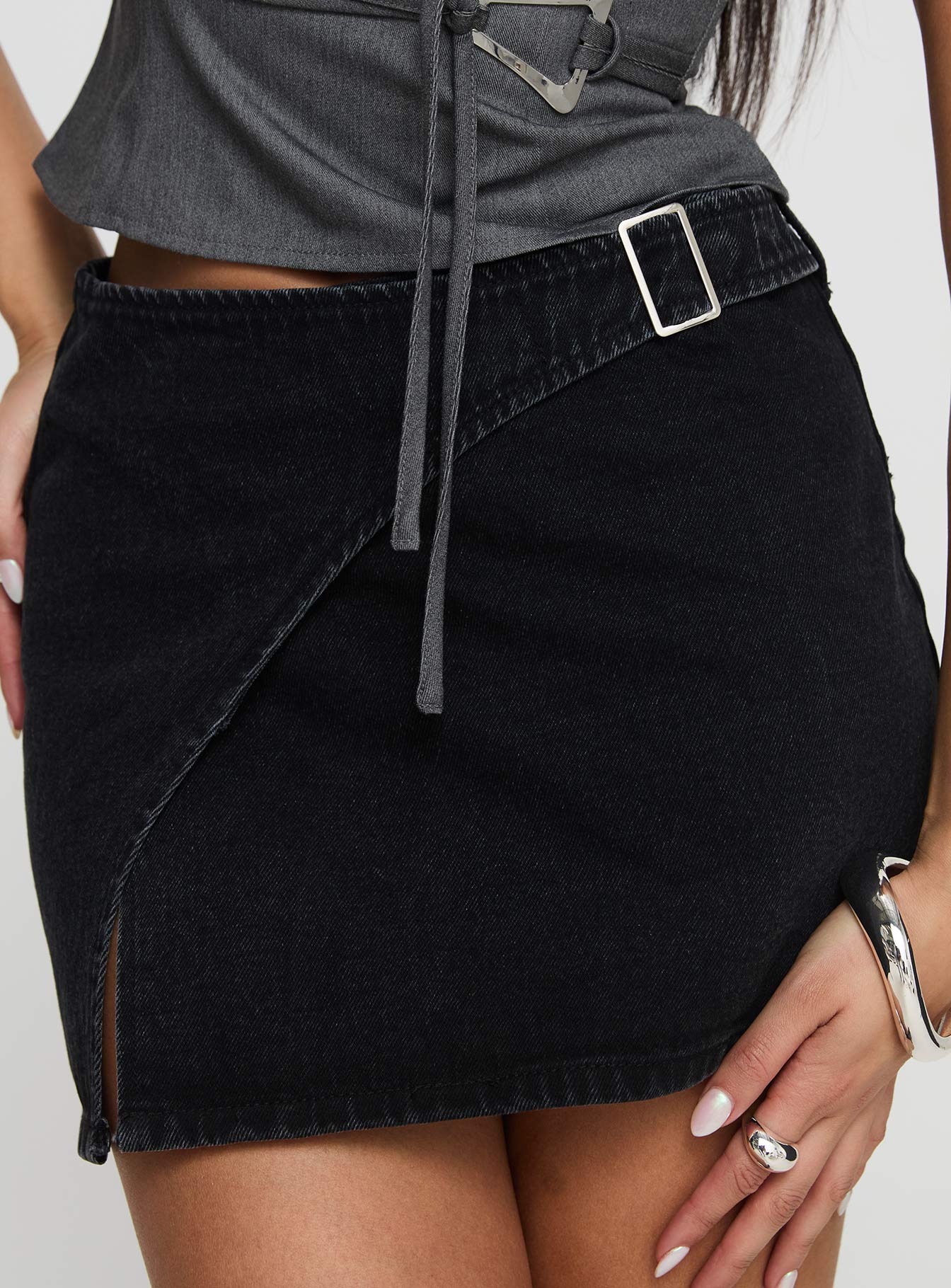 Wait Up Denim Wrap Mini Skirt Washed Black - Image 6