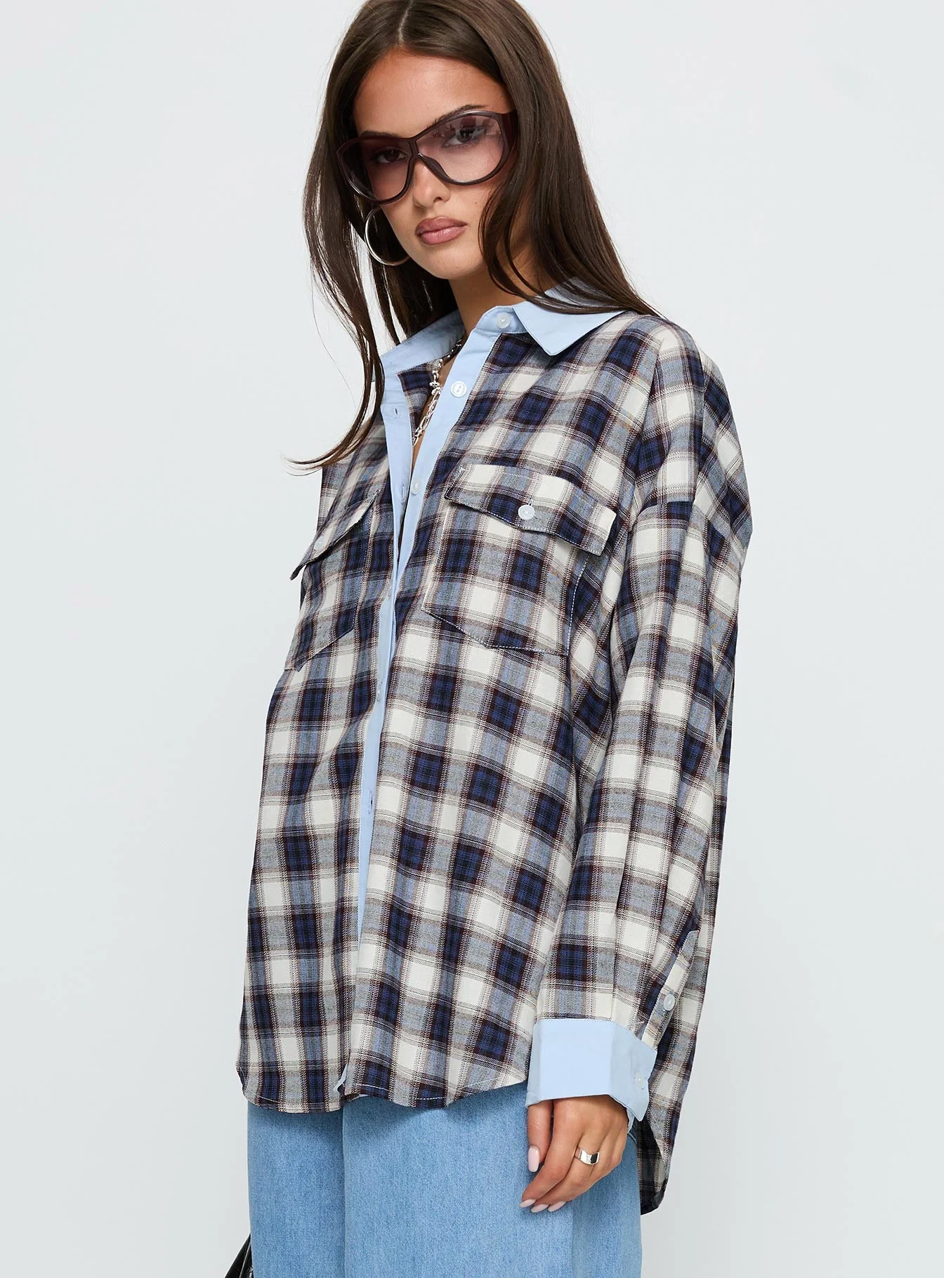 Walda Contrast Flannel Shirt Blue Check - Image 4