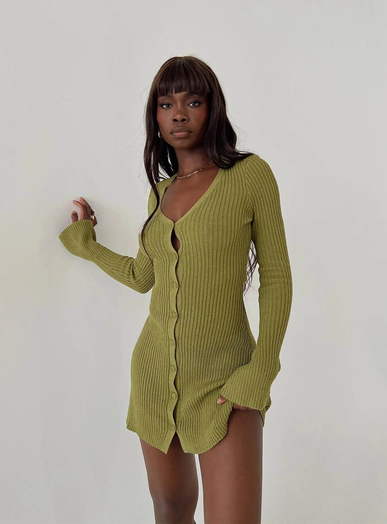 Waldin Long Sleeve Mini Dress Olive - Image 6