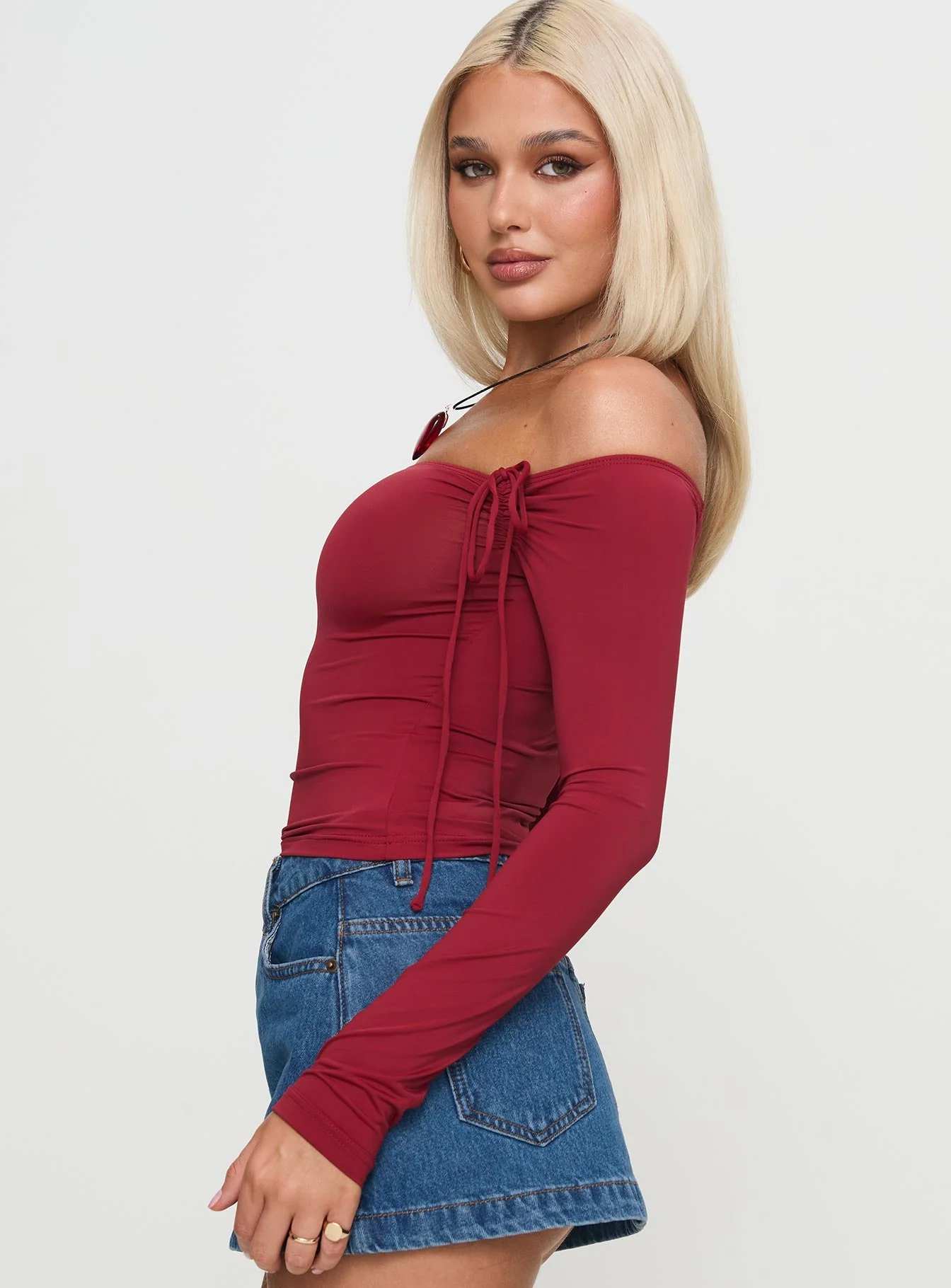 Where You At Off Shoulder Long Sleeve Top Red - Image 3