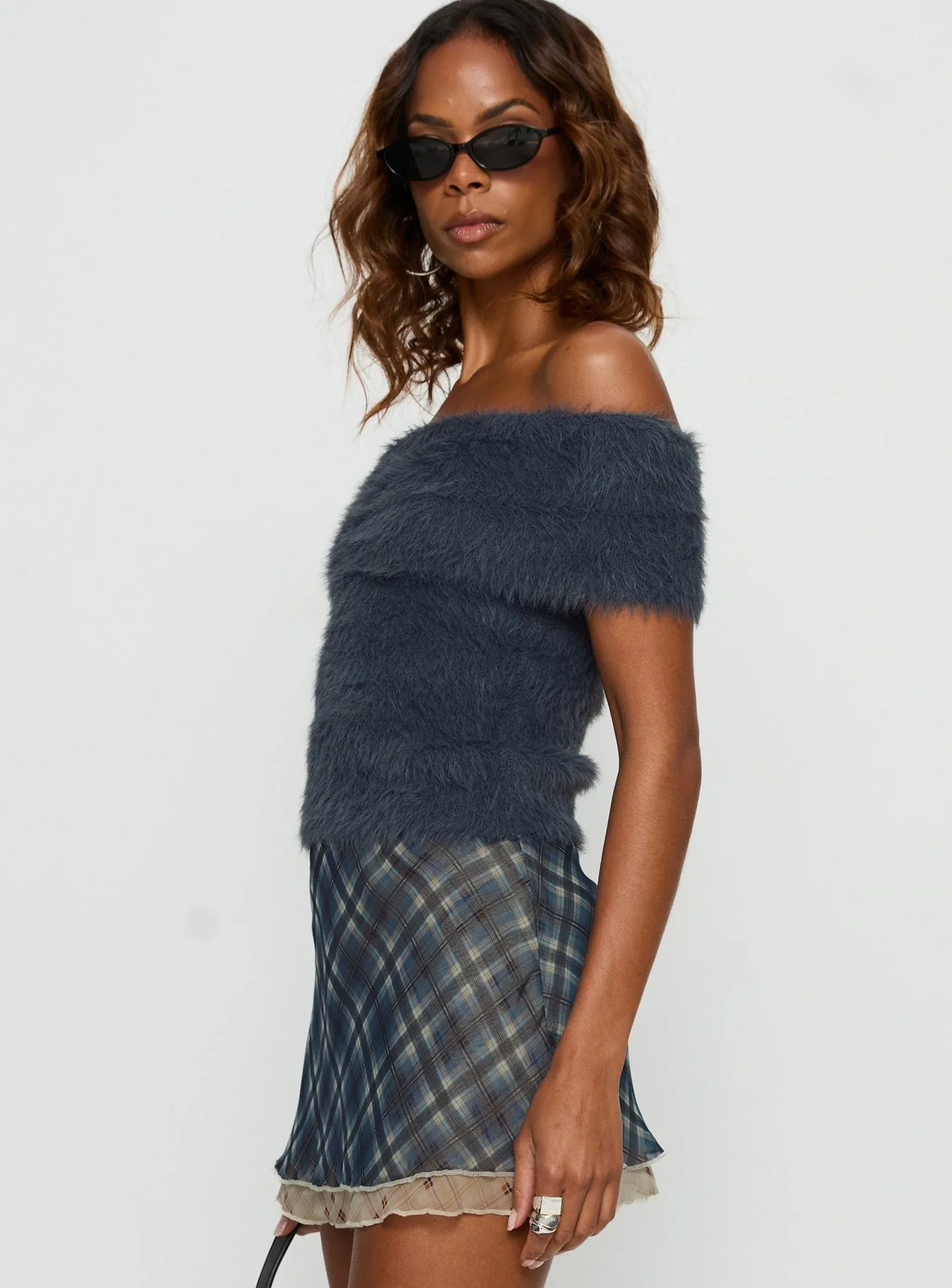 Wrylie Off Shoulder Fluffy Top Charcoal - Image 4