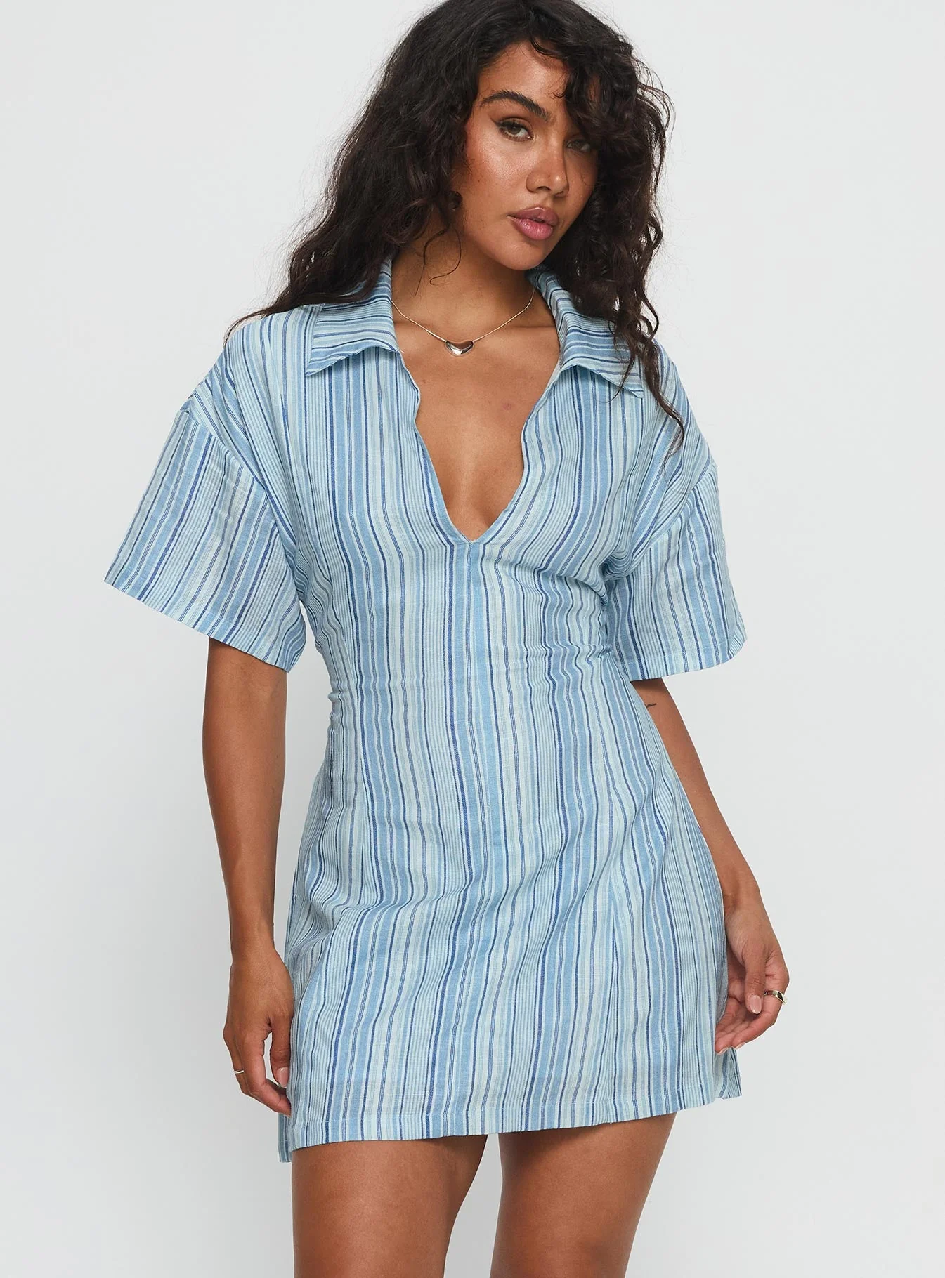 Wylla V Neck Linen Mini Dress Blue Stripe - Image 2