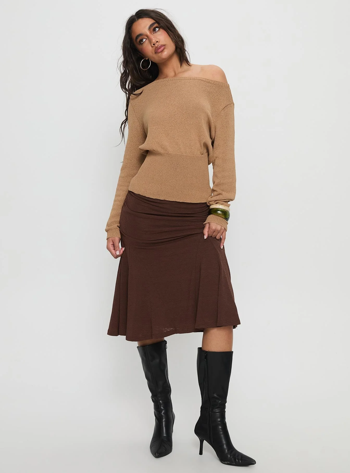 Xaria Off Shoulder Knit Sweater Tan - Image 3