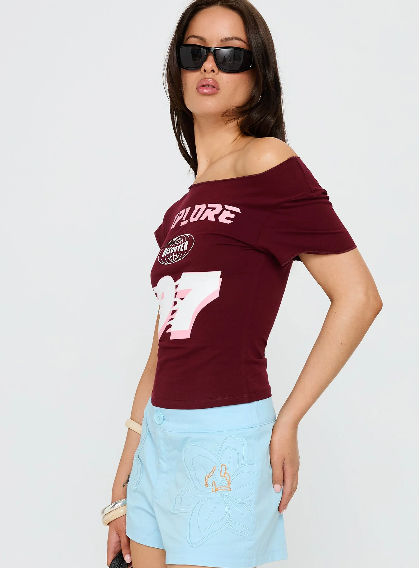 Xplore 97 Off Shoulder Graphic Top Burgundy - Image 4