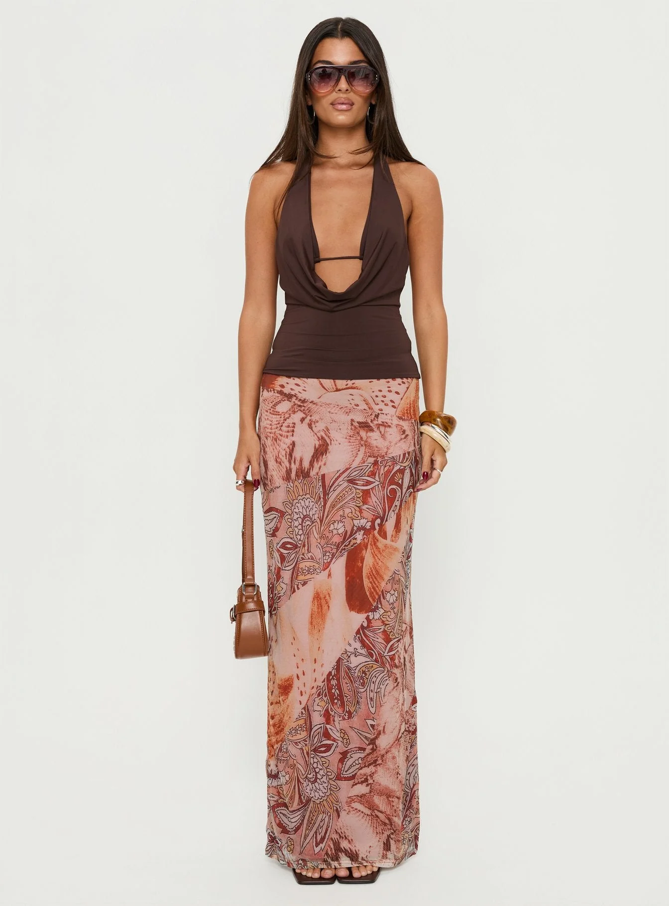 Xylia Plunge Neck Tie Back Top Chocolate - Image 6