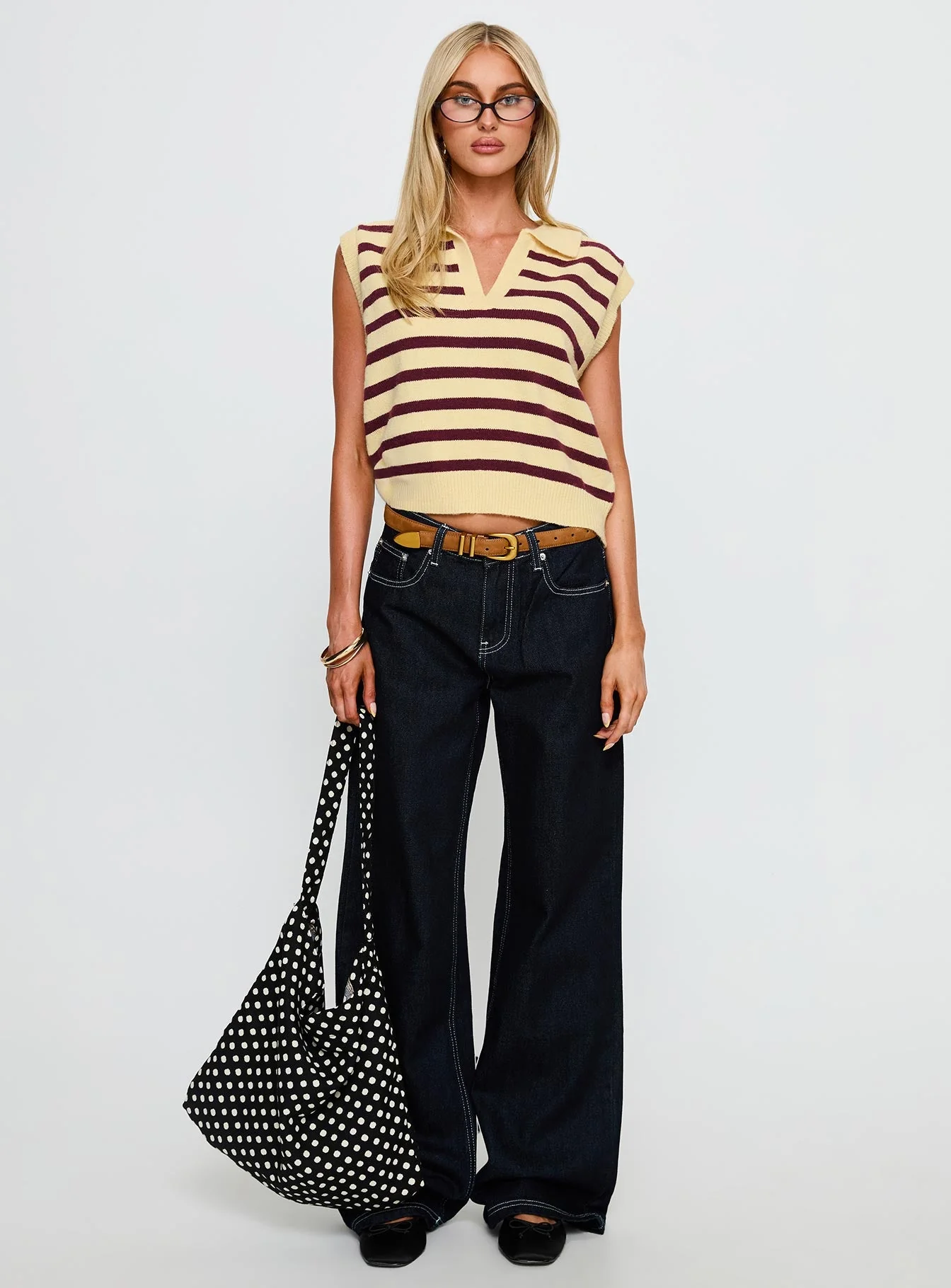 Yuliya Collared Sleeveless Top Lemon / Burgundy Stripe - Image 7