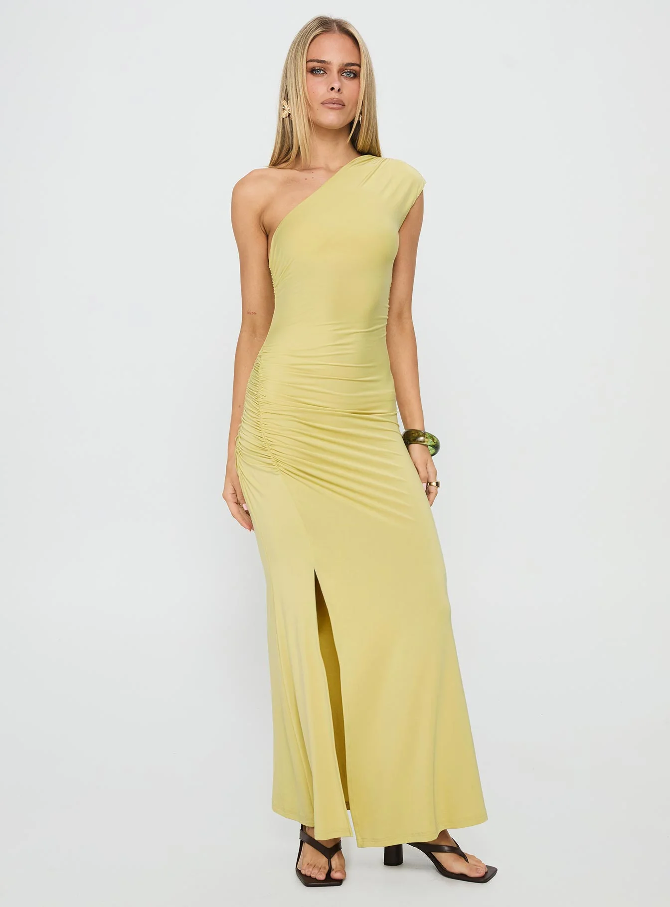 Yvonna Ruched Maxi Dress Citrus - Image 3