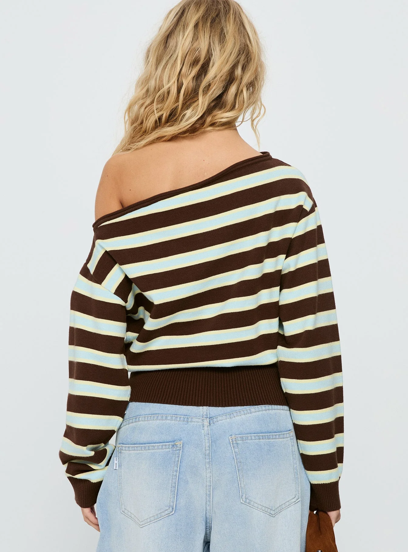 Zinia Off Shoulder Knit Sweater Brown / Blue Stripe - Image 5