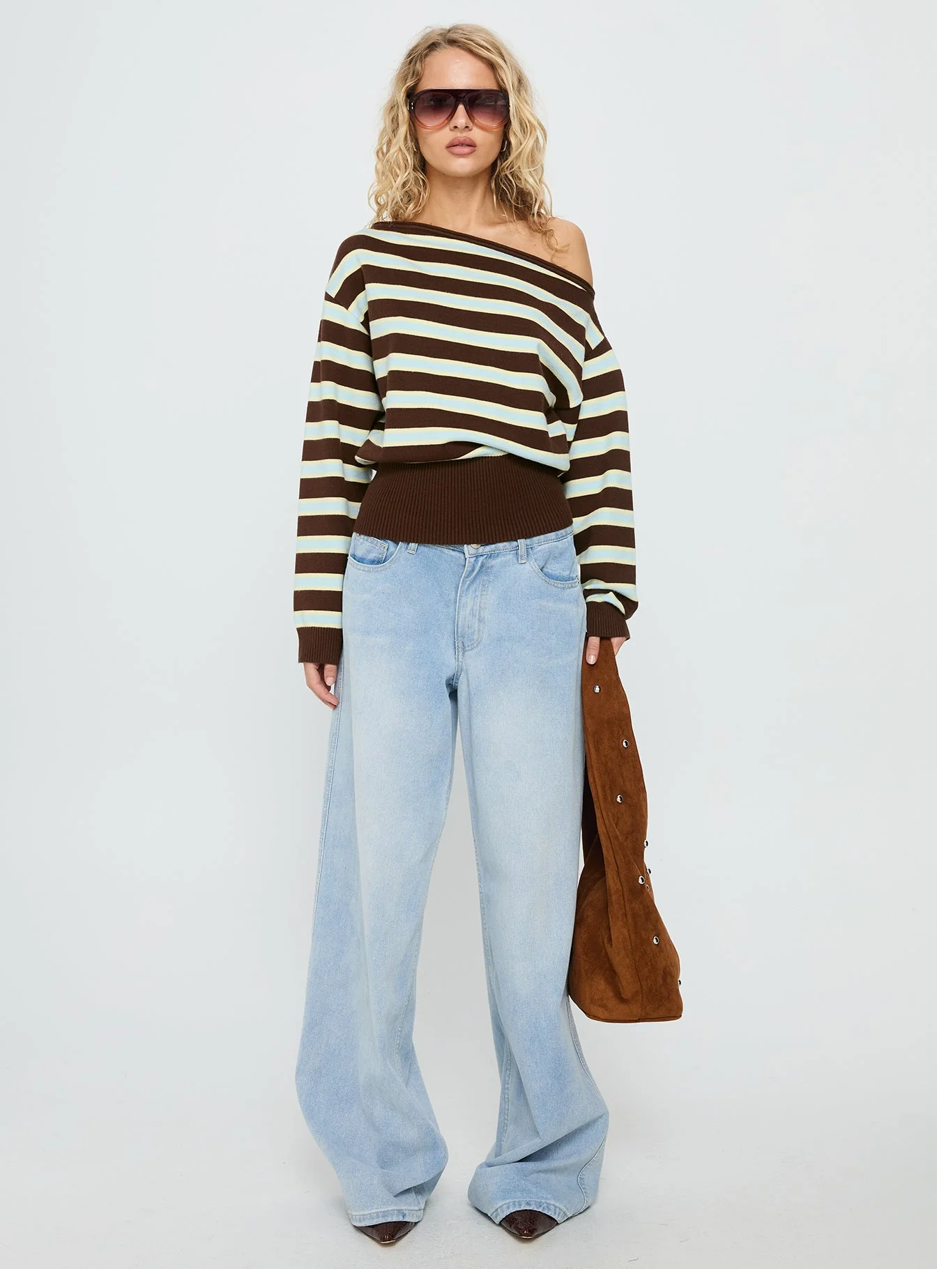 Zinia Off Shoulder Knit Sweater Brown / Blue Stripe - Image 7